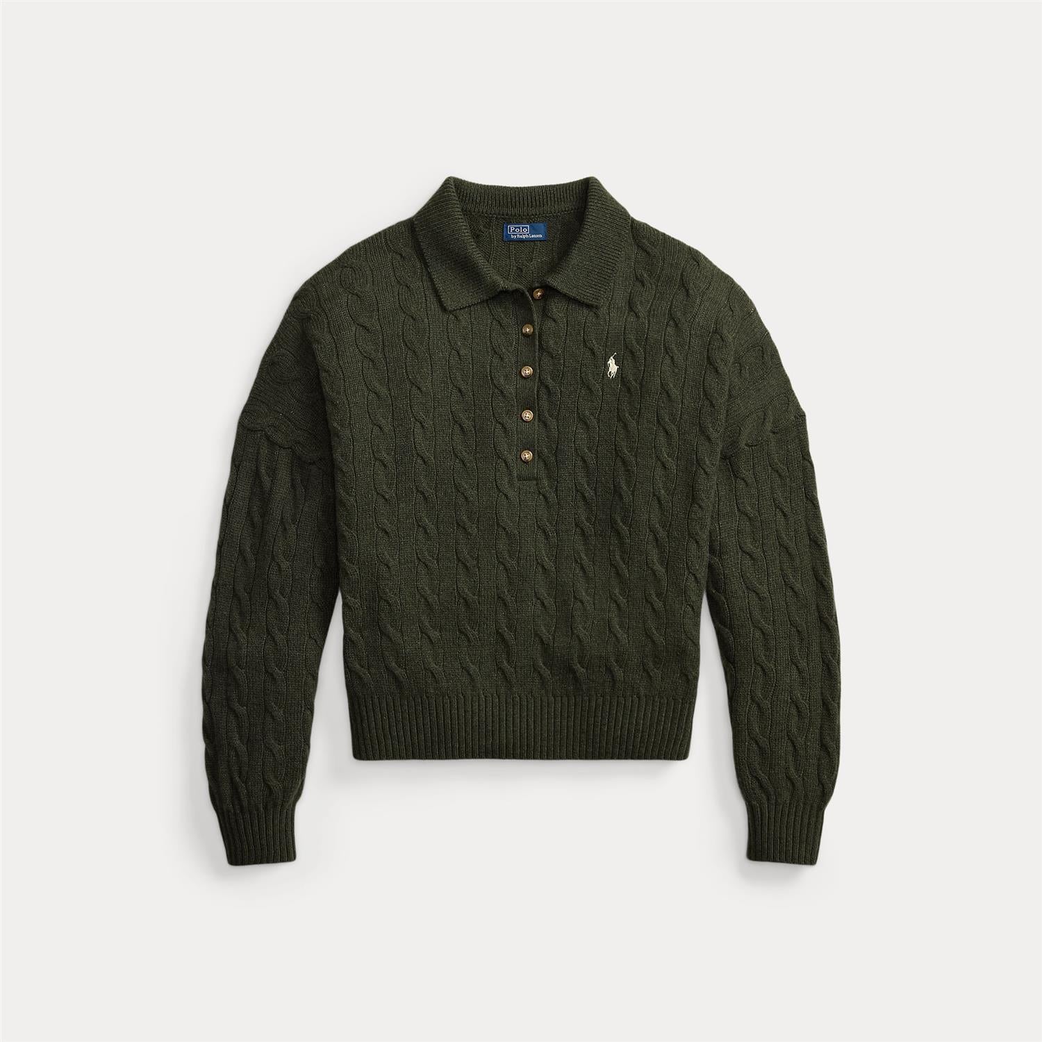 Cable Wool-Cashmere Polo Sweater Olive Umber Heather