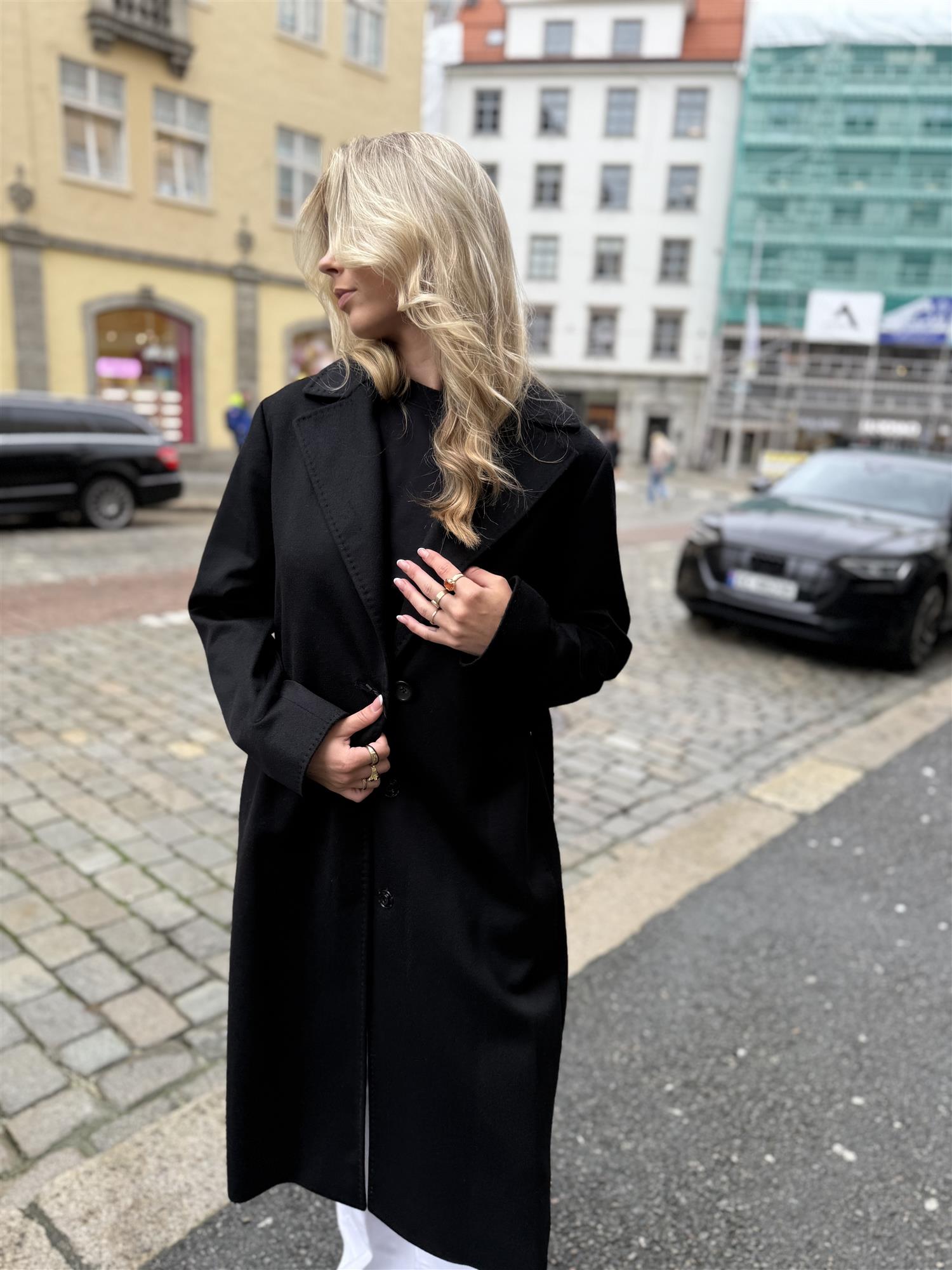 Long Coat Black Belt and Buttons