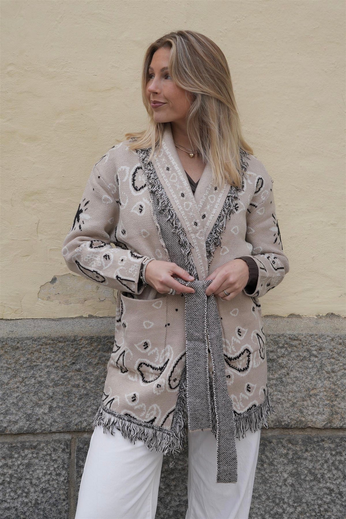 Long Fringed Paisley Jacket - Beige