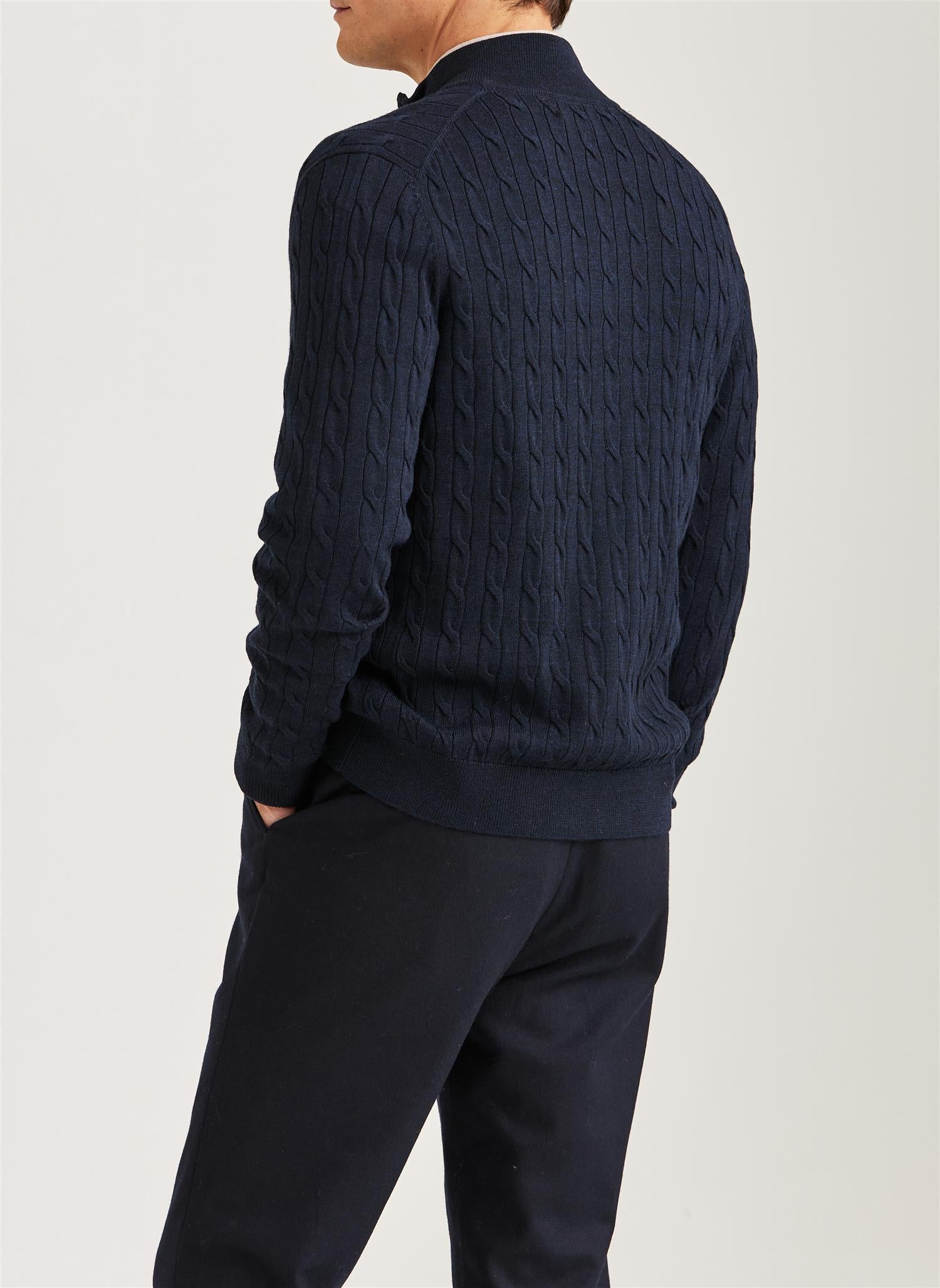 Merino Cable Zip Cardigan - Navy