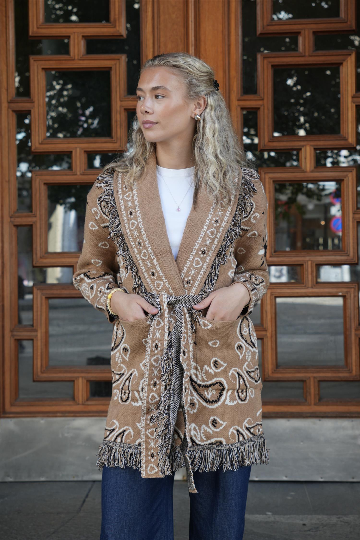 Long Fringed Paisley Jacket - Camel