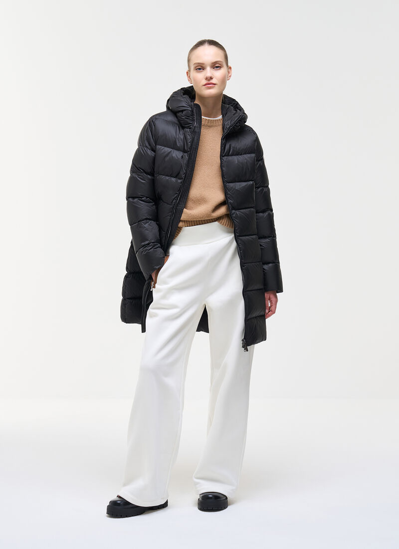 Long Down Jacket with Hood - Black