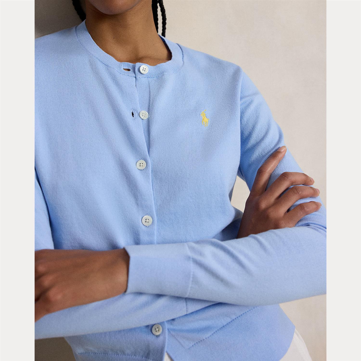 Stretch Cotton-Blend Crewneck Cardigan Baby Blue
