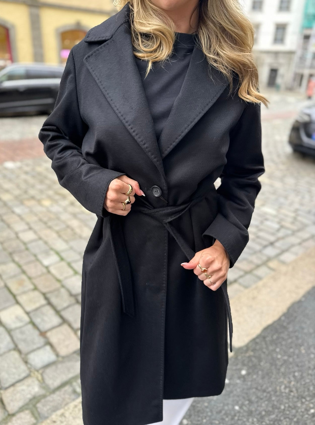 Long Coat Black Belt and Buttons