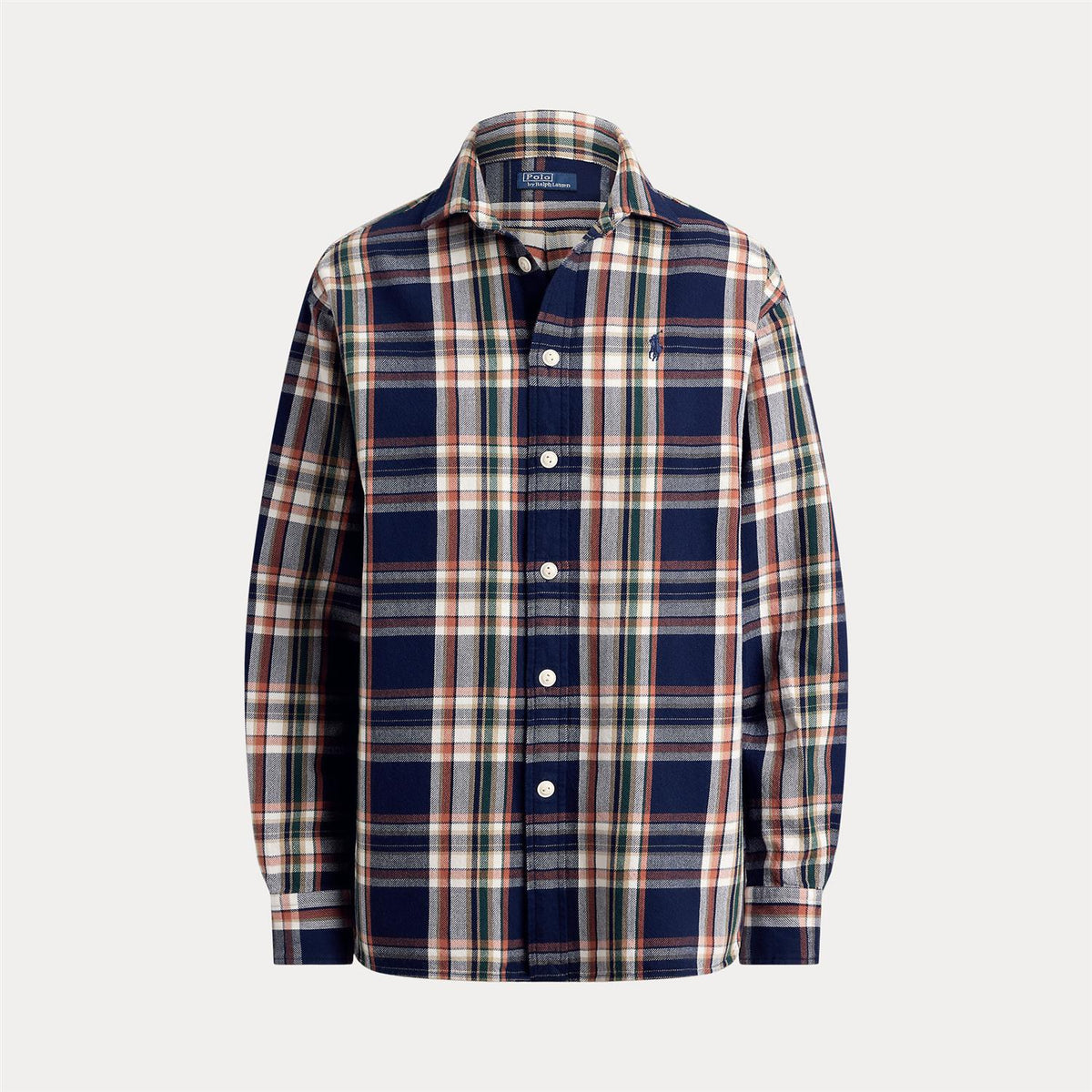 Relaxed Fit Plaid Cotton Shirt – Navy/Orange Multi