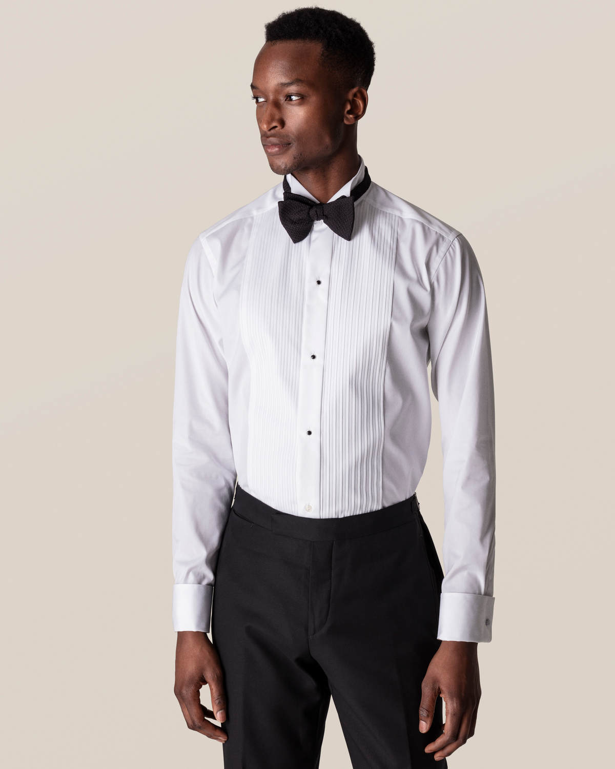 Slim White Tuxedo Plissé Shirt - Wing Collar
