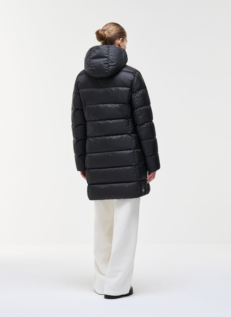 Long Down Jacket with Hood - Black