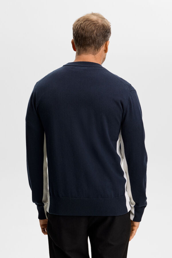 Chester Side Stripe Knit Crew - Navy