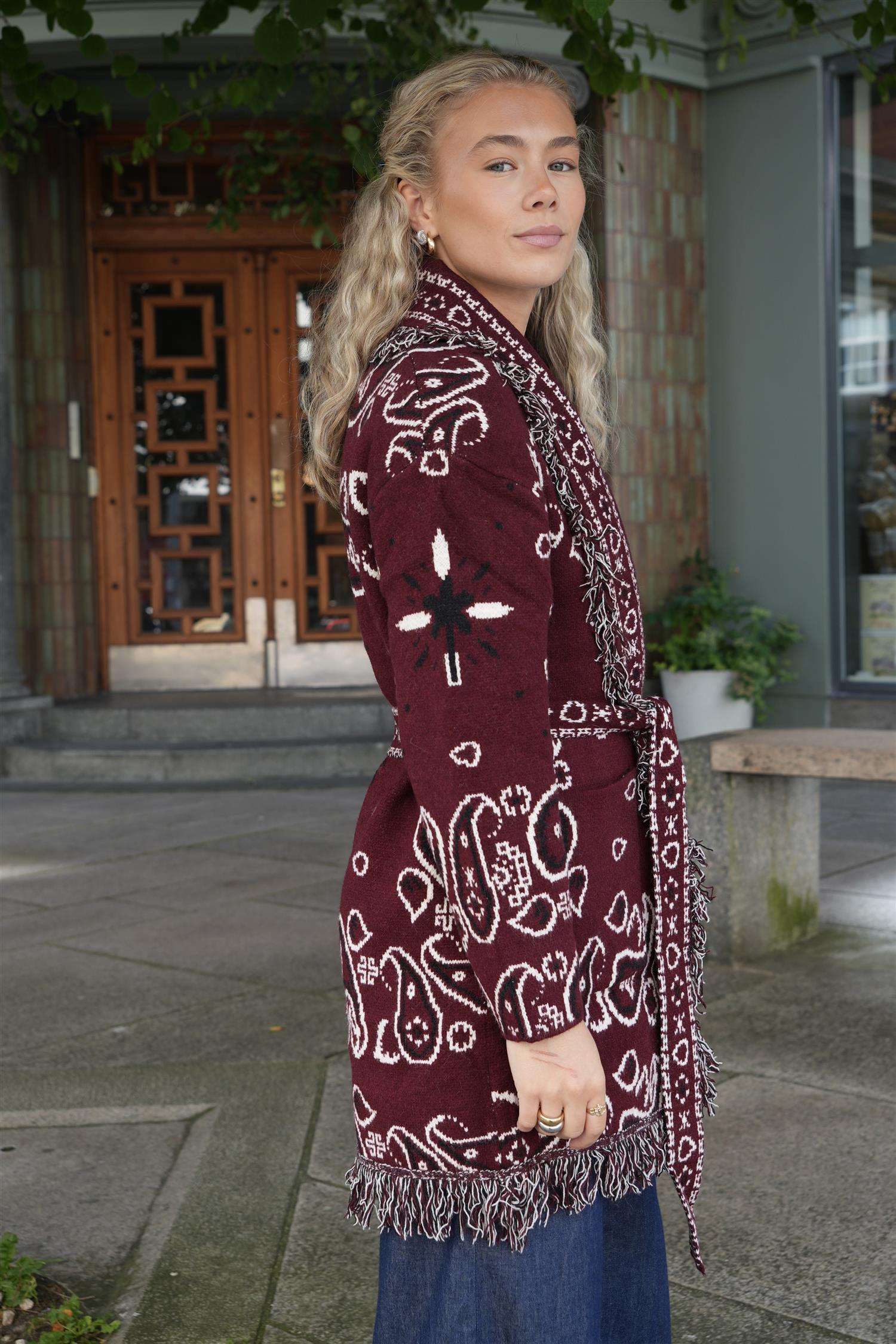 Long Fringed Paisley Jacket - Bordeaux