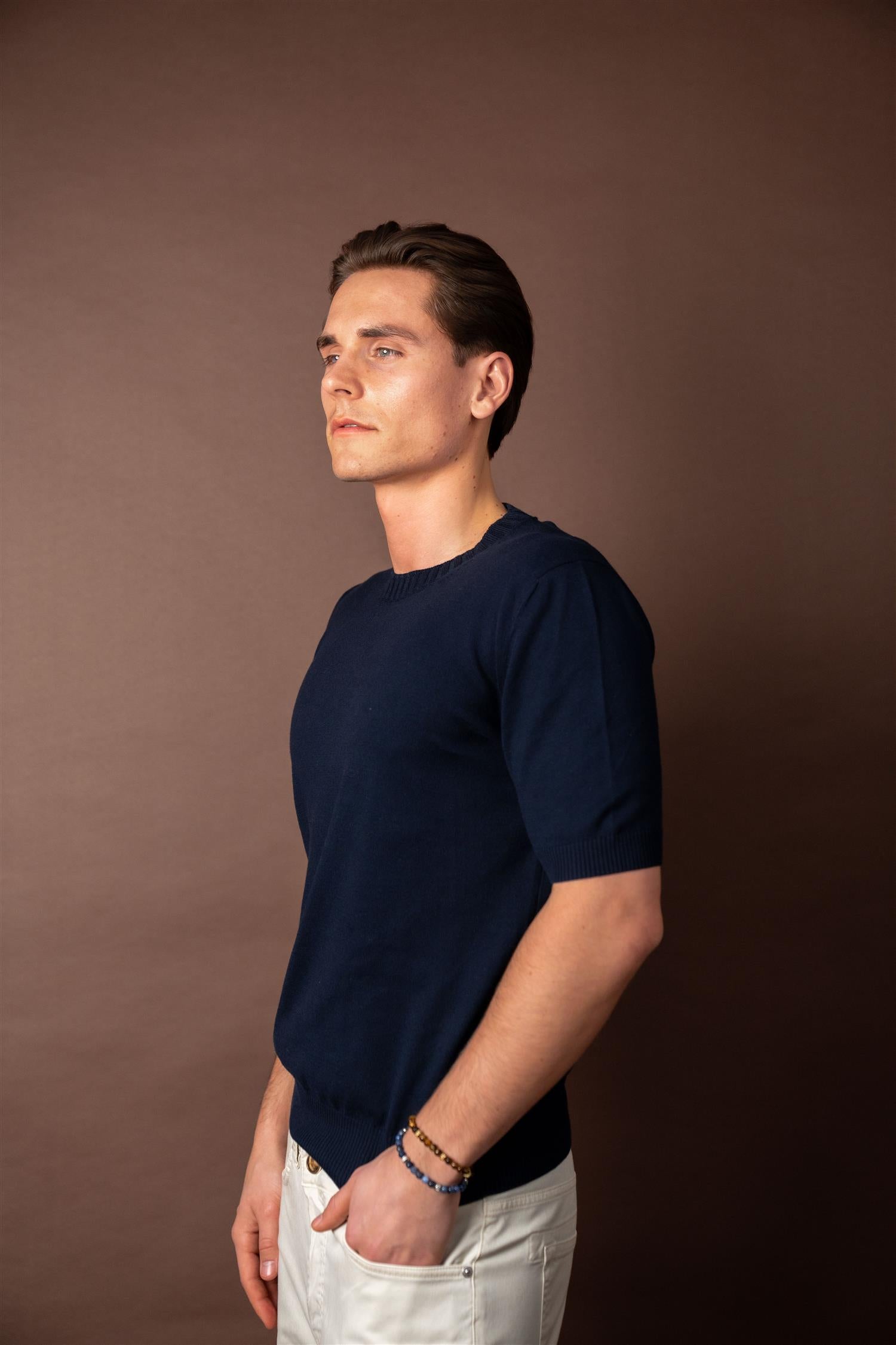 Knitted Cotton T-shirt - Navy