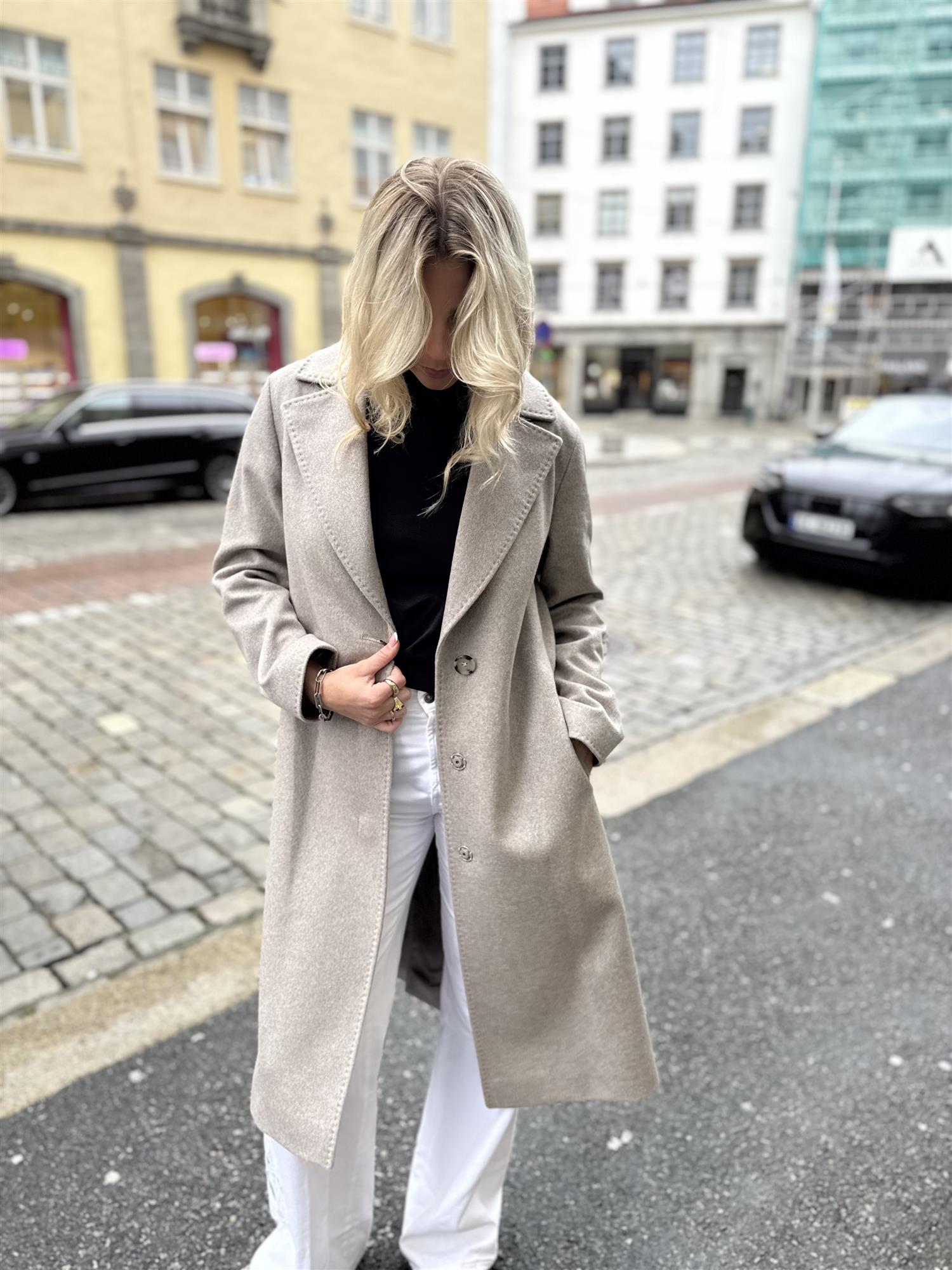 Long Coat Cacha Grey Brown Belt and Buttons