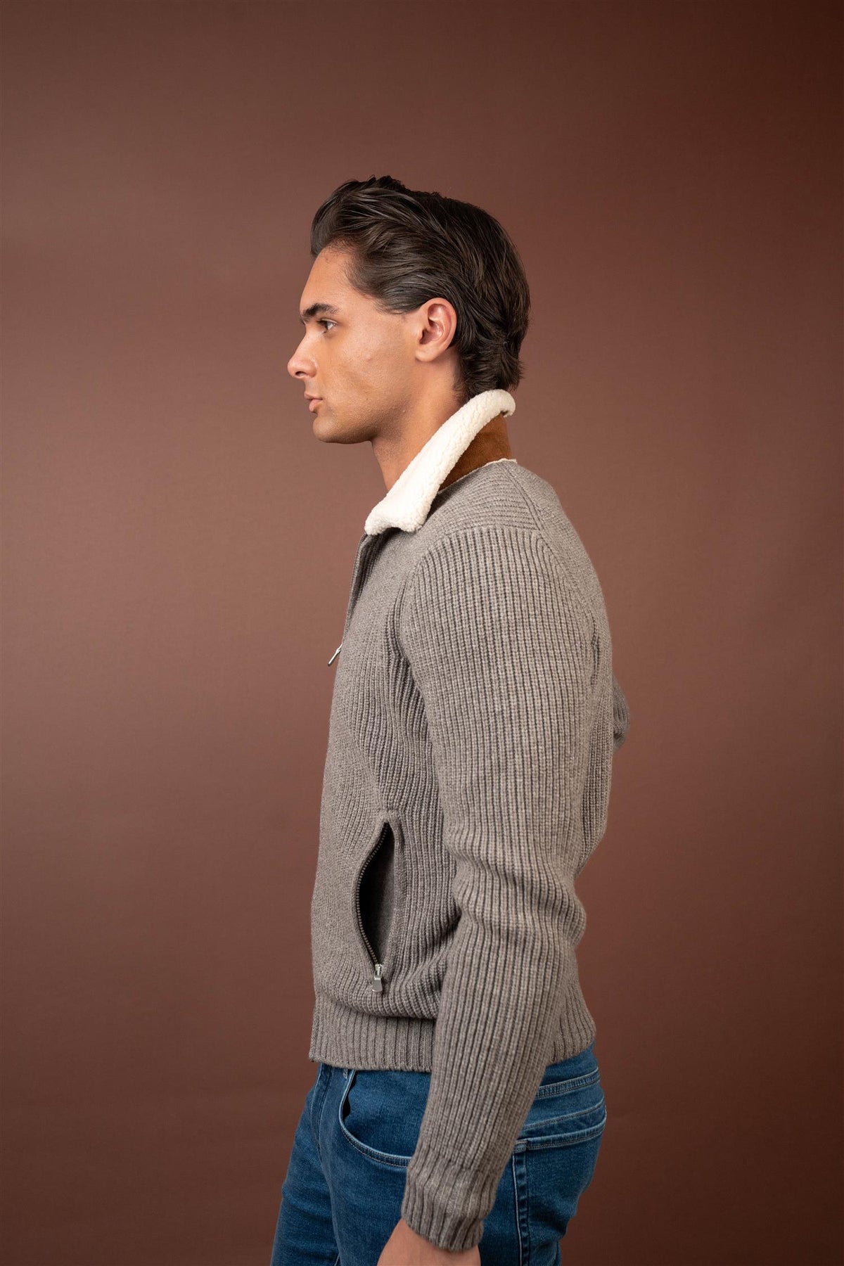 Full Zip Cardigan Sherpa Collar - Taupe