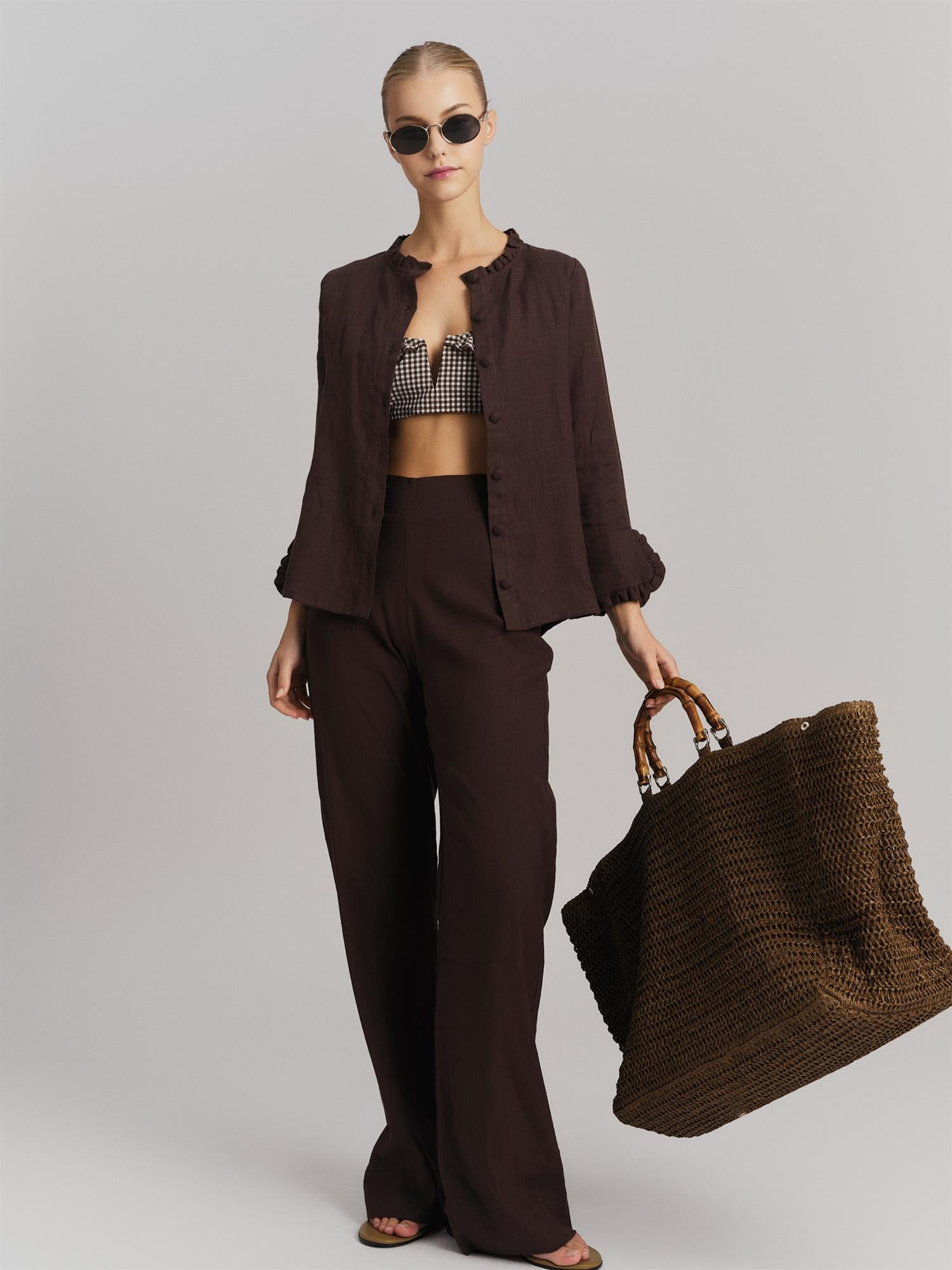 Molly Stretch Linen Pants - Dark Brown