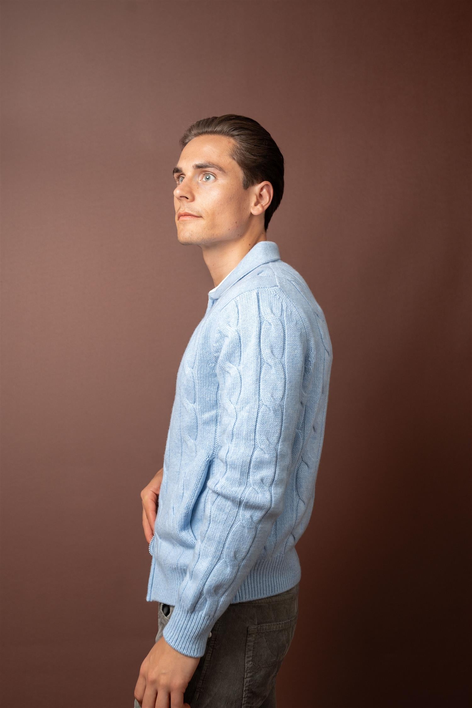 Full Zip Cable Cashmere - Light Blue