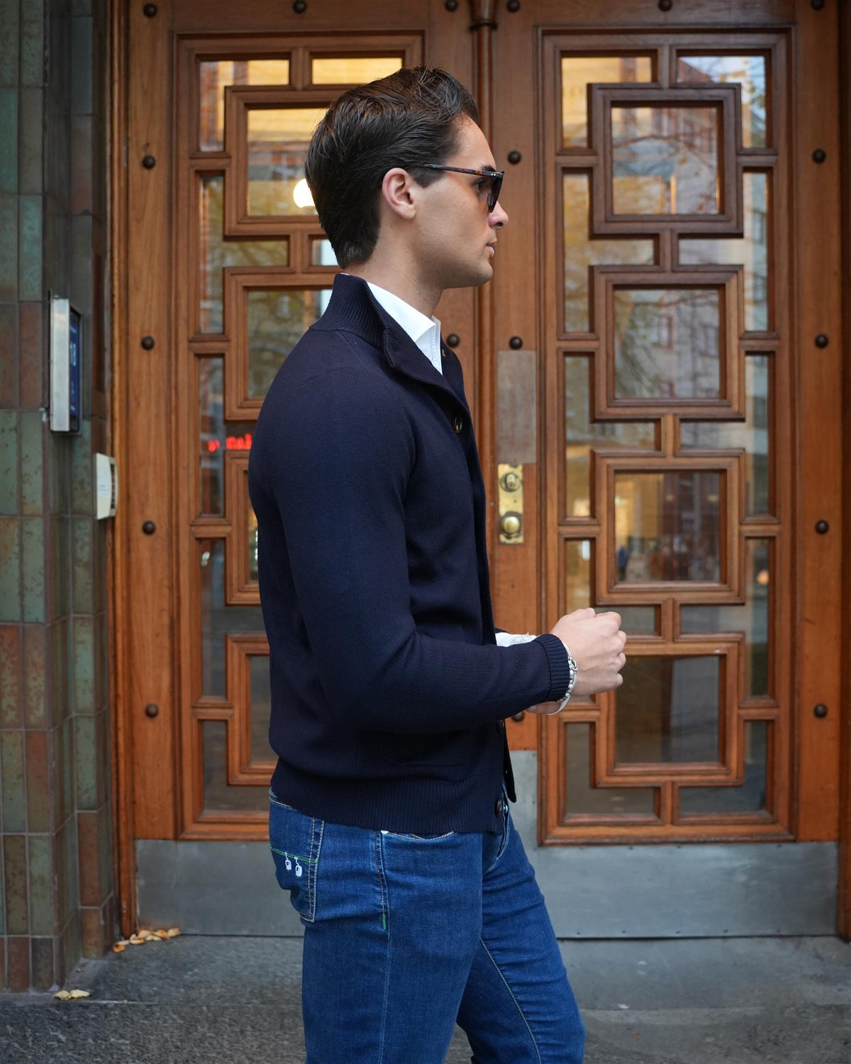 Knitted Cardigan Acrylic Wool Blend - Navy
