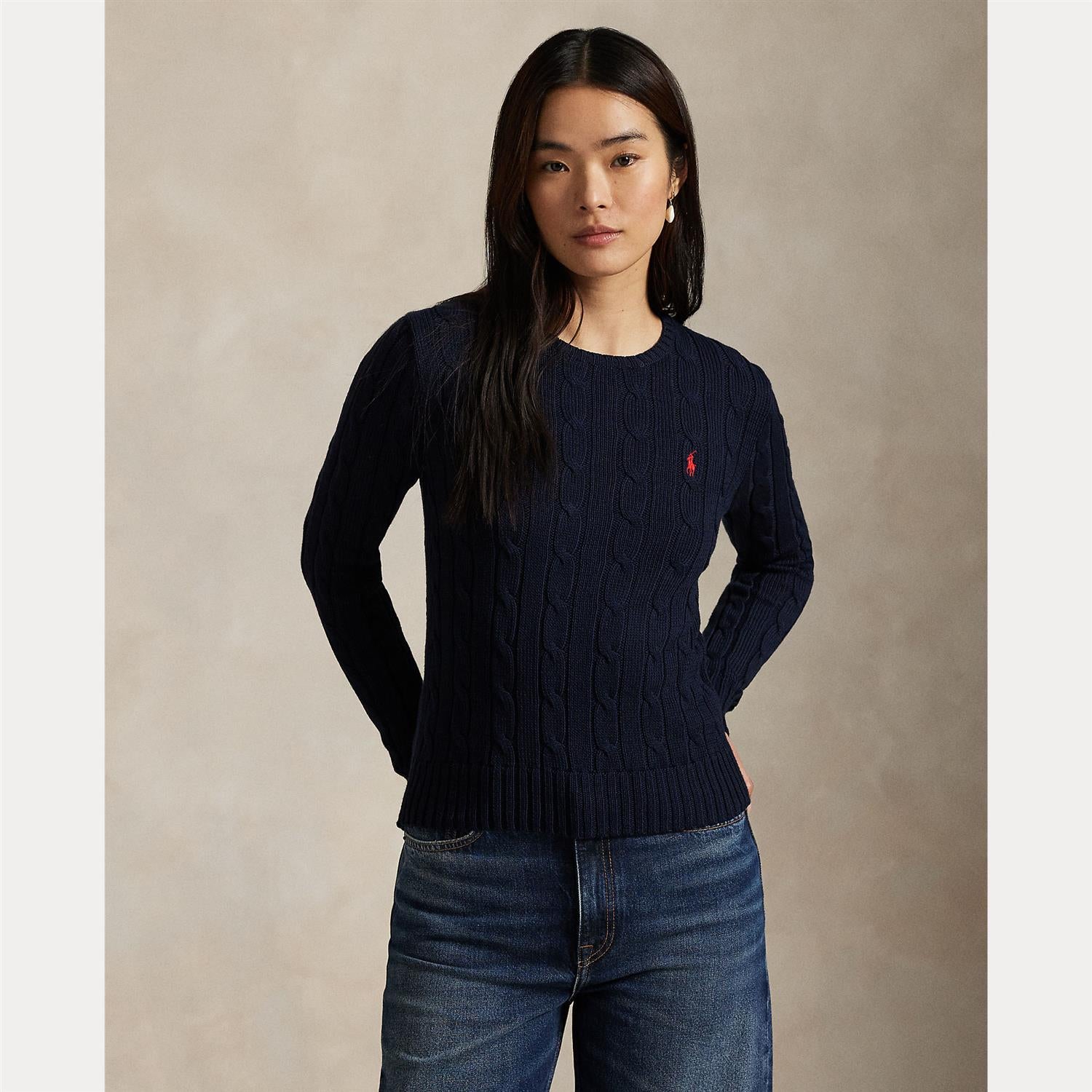 Cable-Knit Cotton Crewneck Sweater Hunter Navy