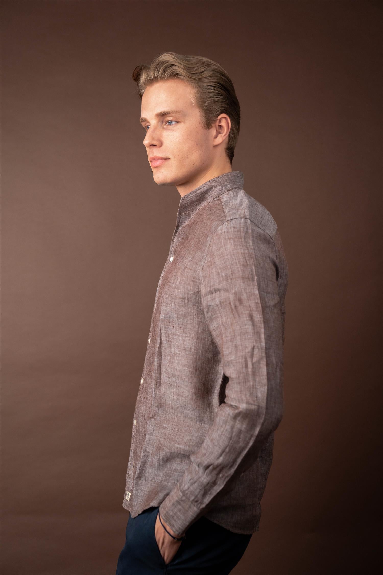 No Collar Linen - Brown