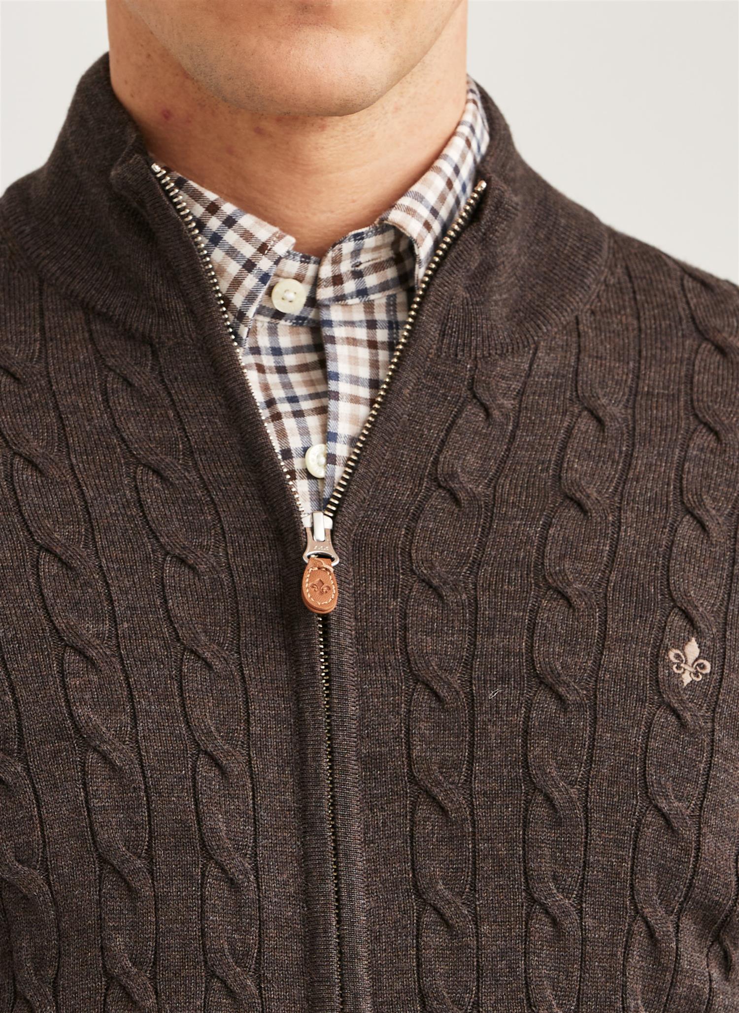 Merino Cable Zip Cardigan - Brown