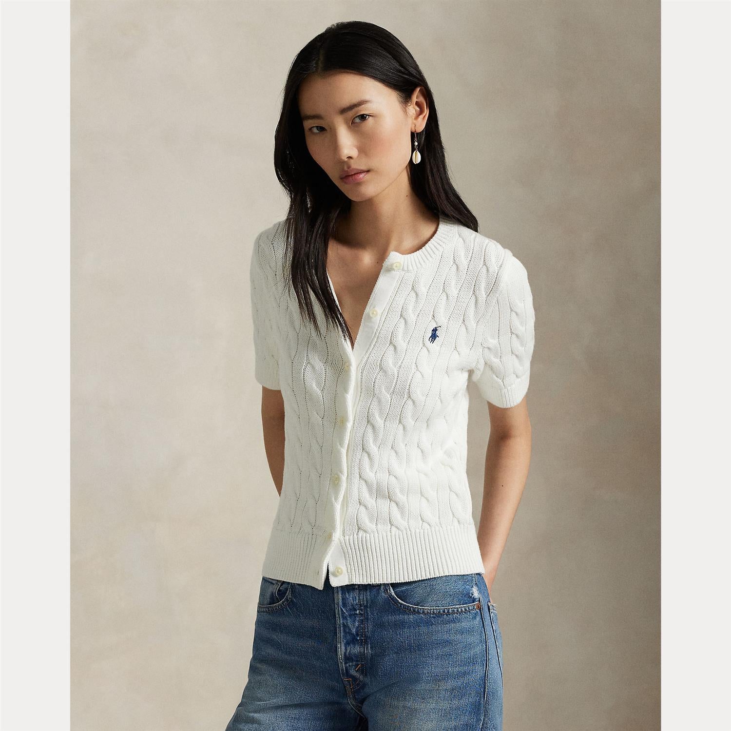 Cable-Knit Cotton Short-Sleeve Cardigan White