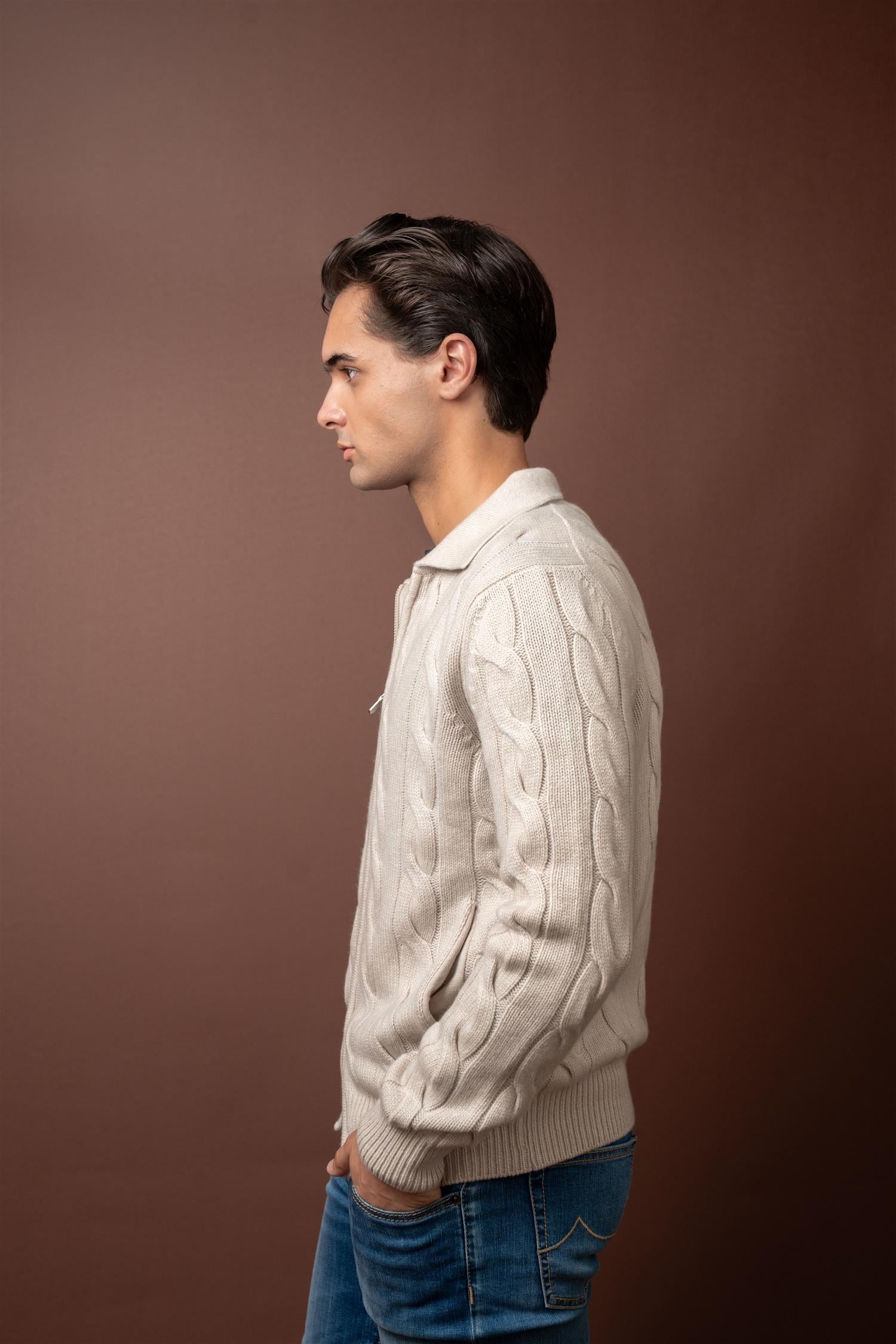 Full Zip Cable Cashmere - Beige