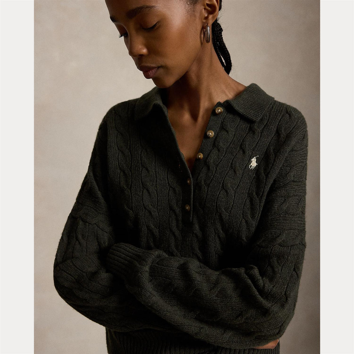 Cable Wool-Cashmere Polo Sweater Olive Umber Heather