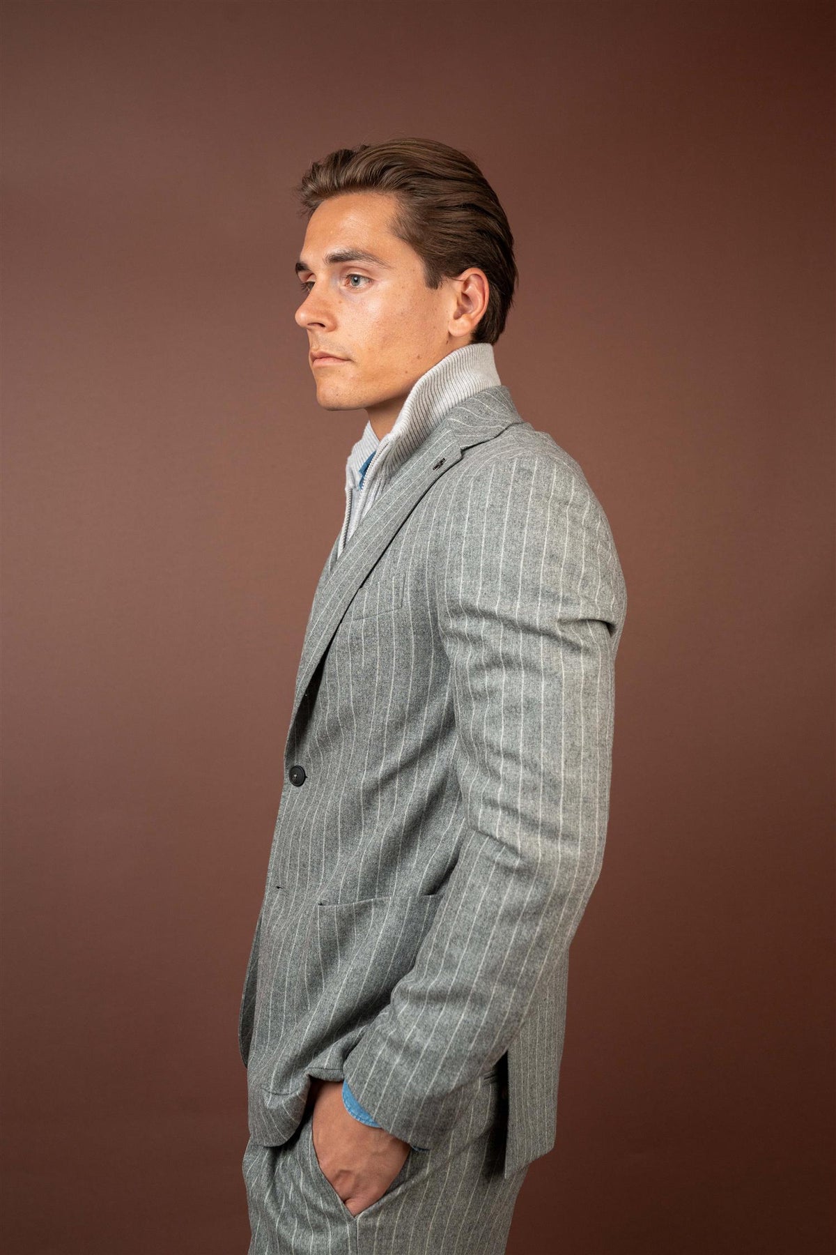 Zip Front Blazer - Pinstripe Grey