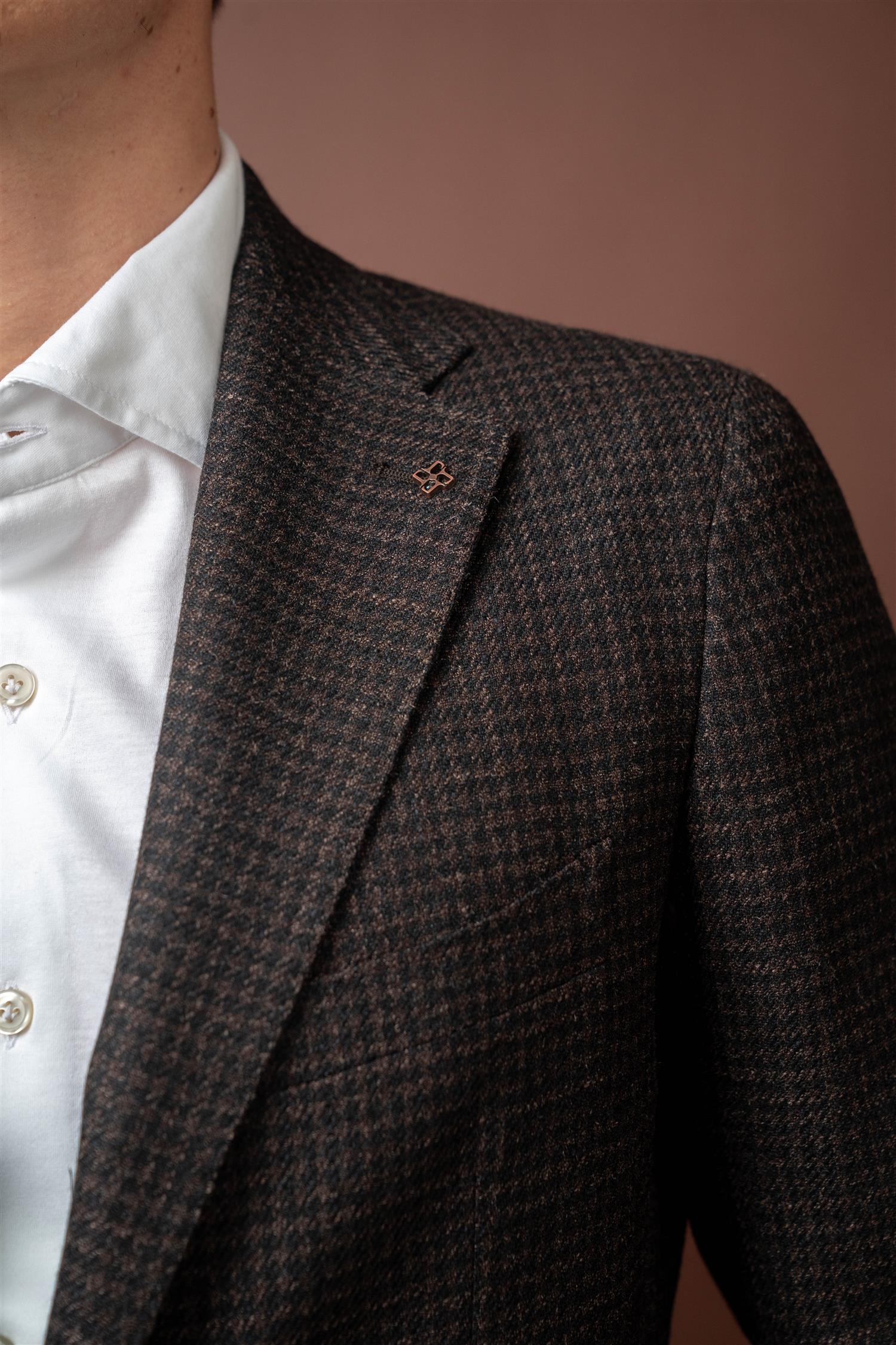 Check Silk Blend Blazer - Mørkebrun