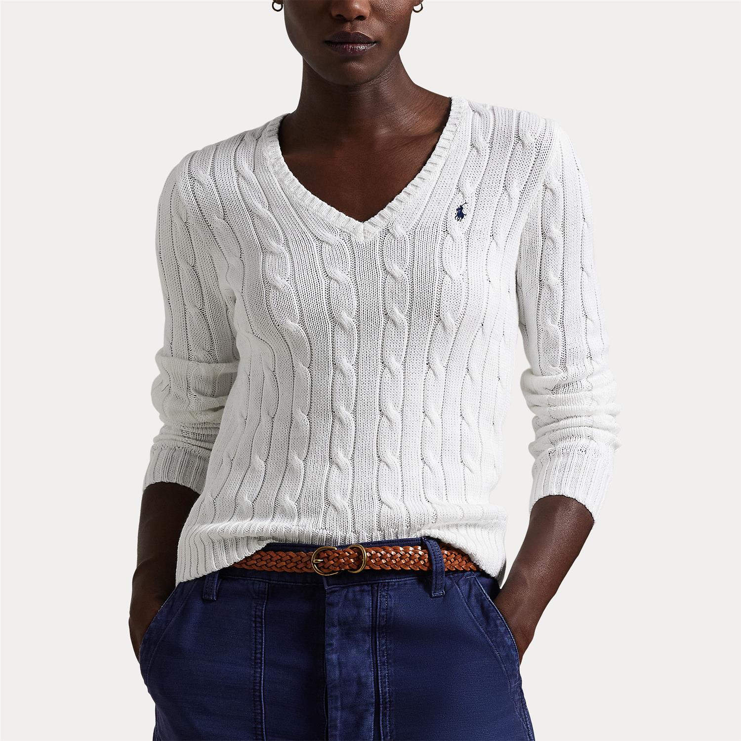 Cable Knit Cotton V-Neck Sweater White