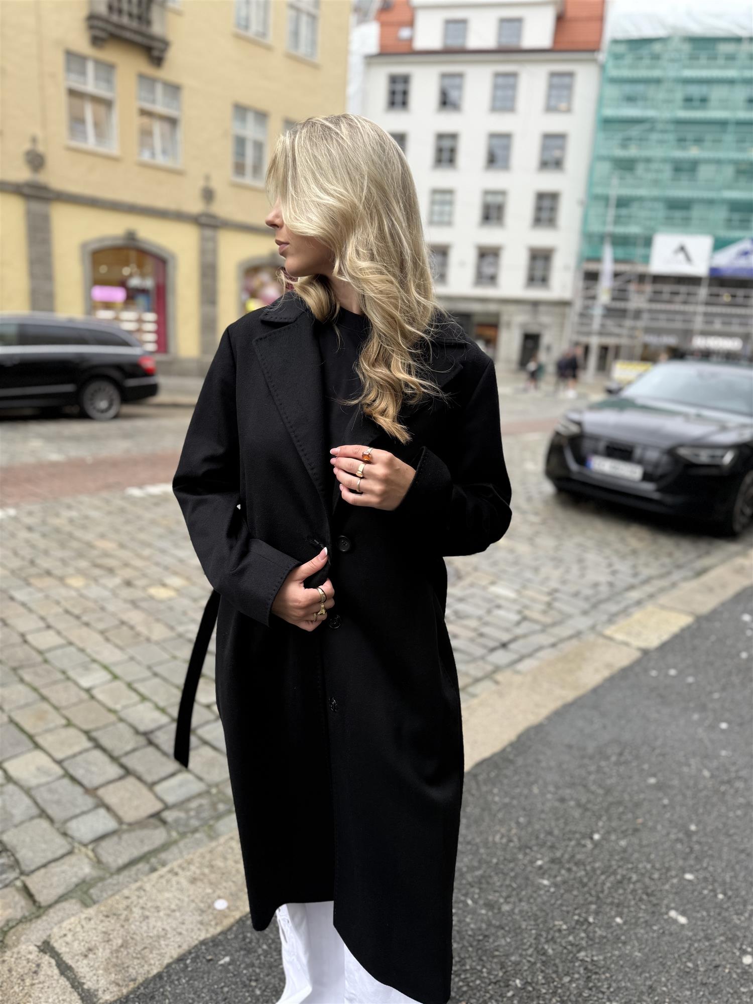 Long Coat Black Belt and Buttons