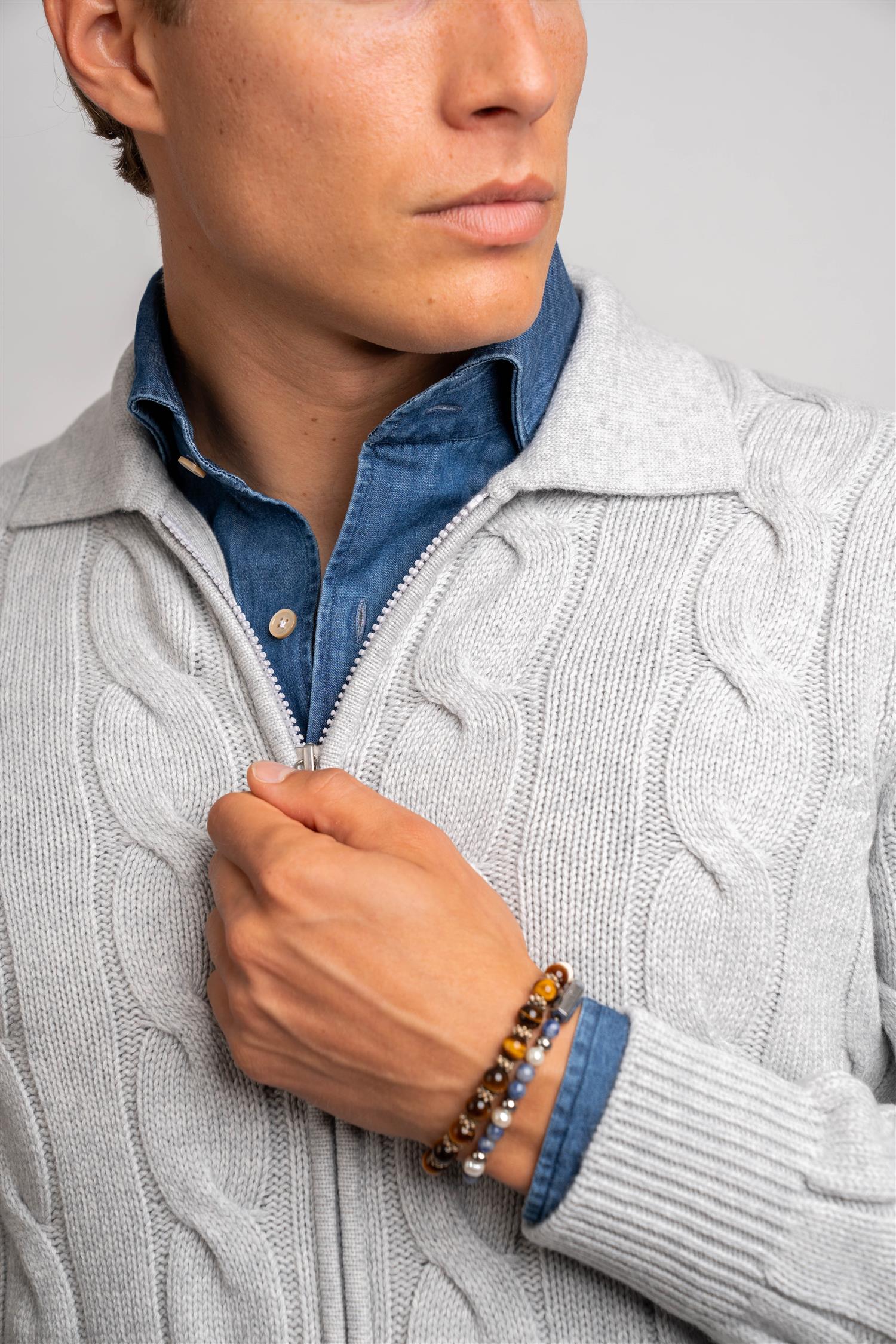 Full Zip Cable - Beige/Grey