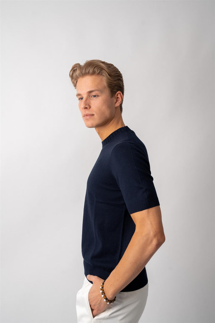 Knitted Cotton T-shirt - Navy