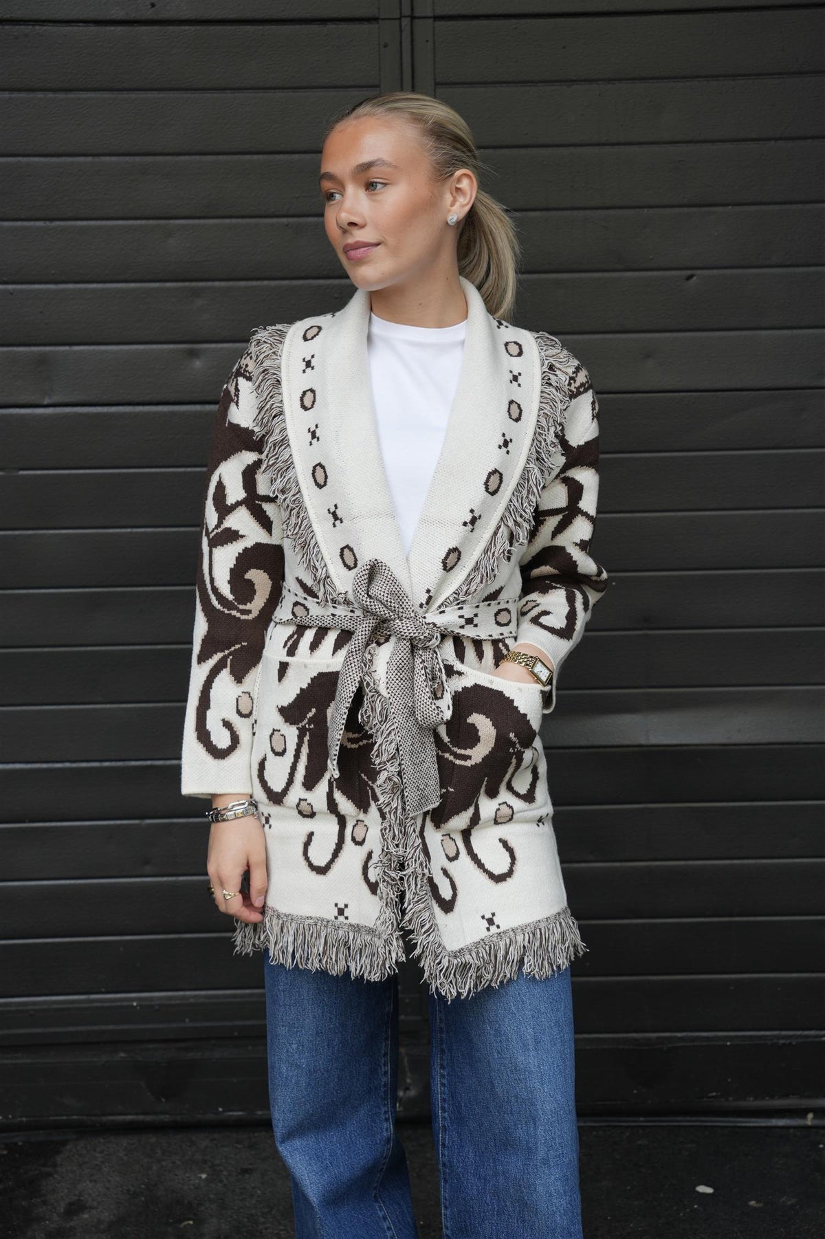 Long Fringed Jacket - Brown/White