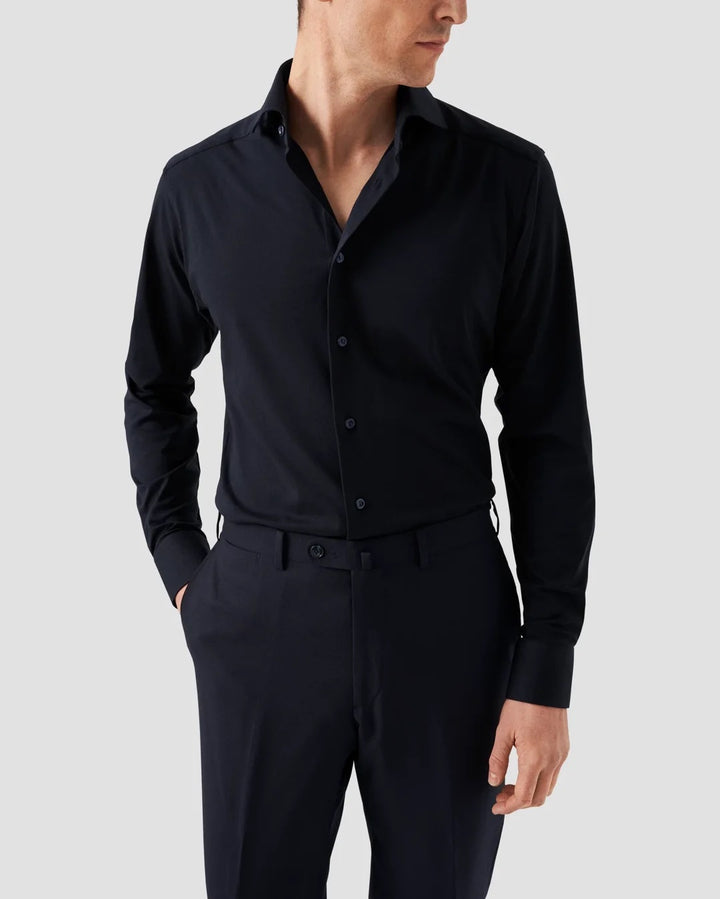 Navy Blue Cotton Four-Way Stretch Shirt Slim