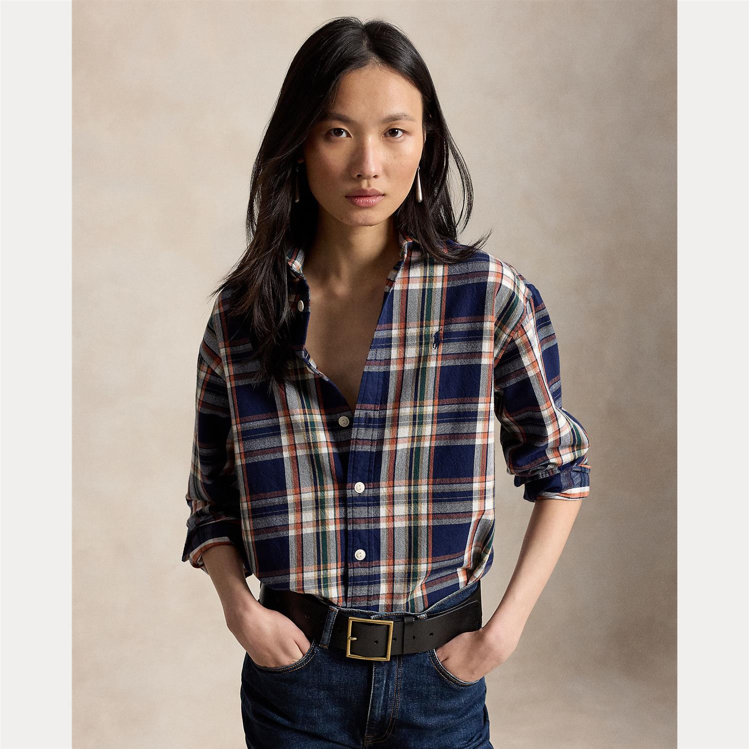 Relaxed Fit Plaid Cotton Shirt – Navy/Orange Multi