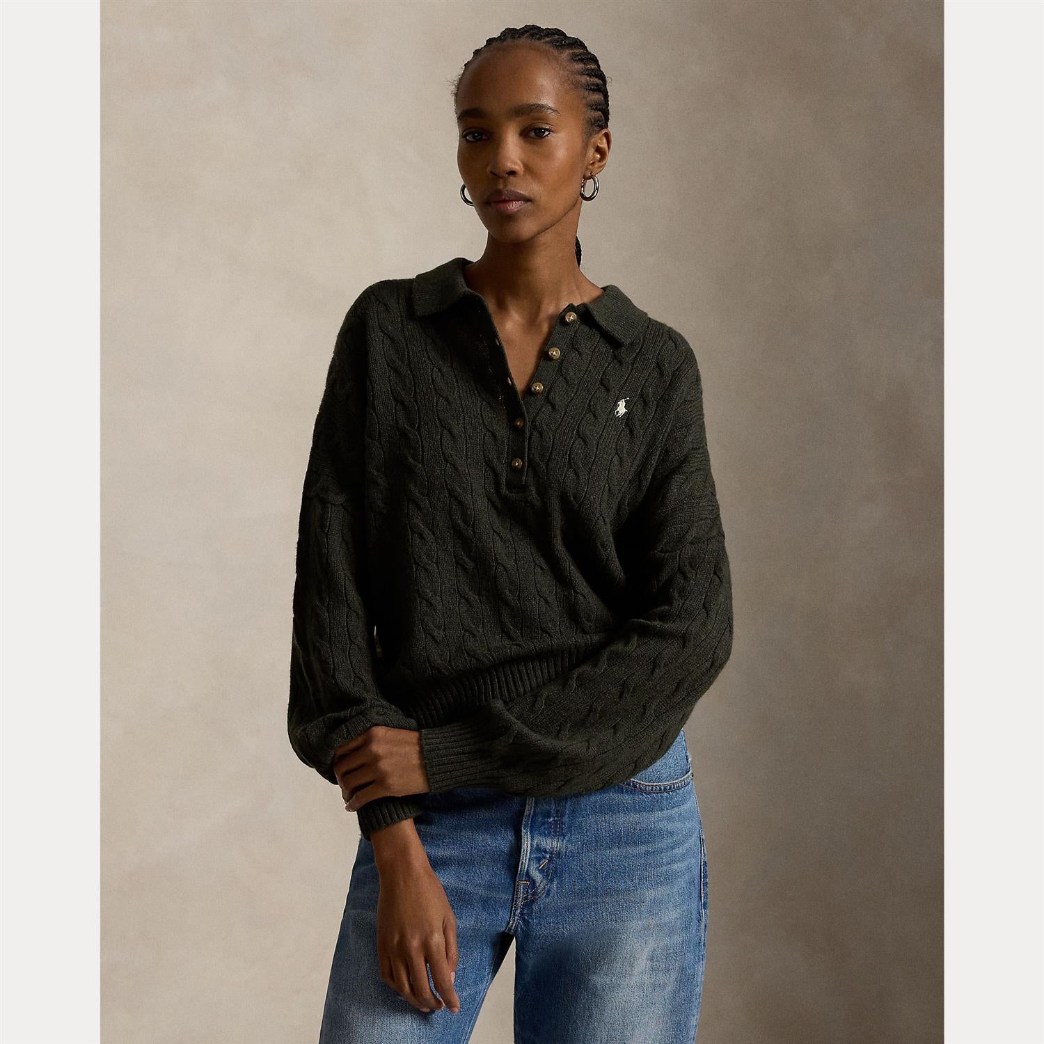 Cable Wool-Cashmere Polo Sweater Olive Umber Heather