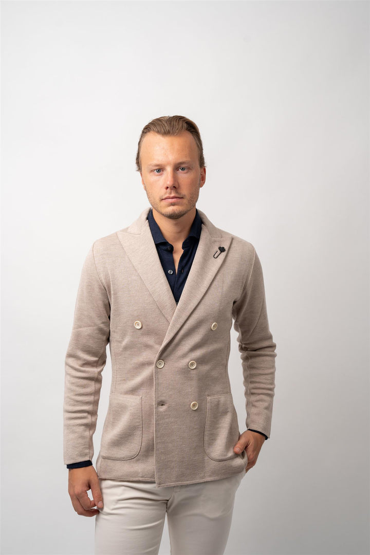 double breasted knit blazer beige