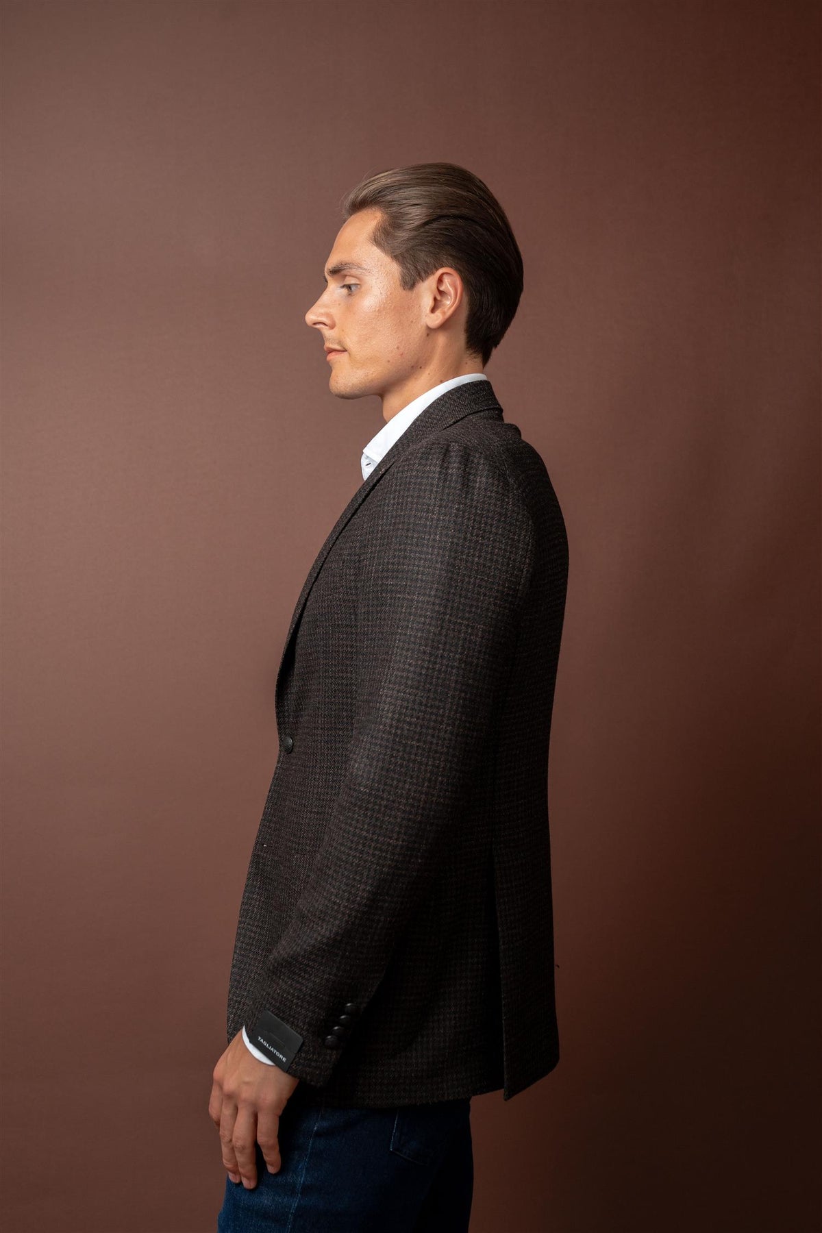 Check Silk Blend Blazer - Mørkebrun