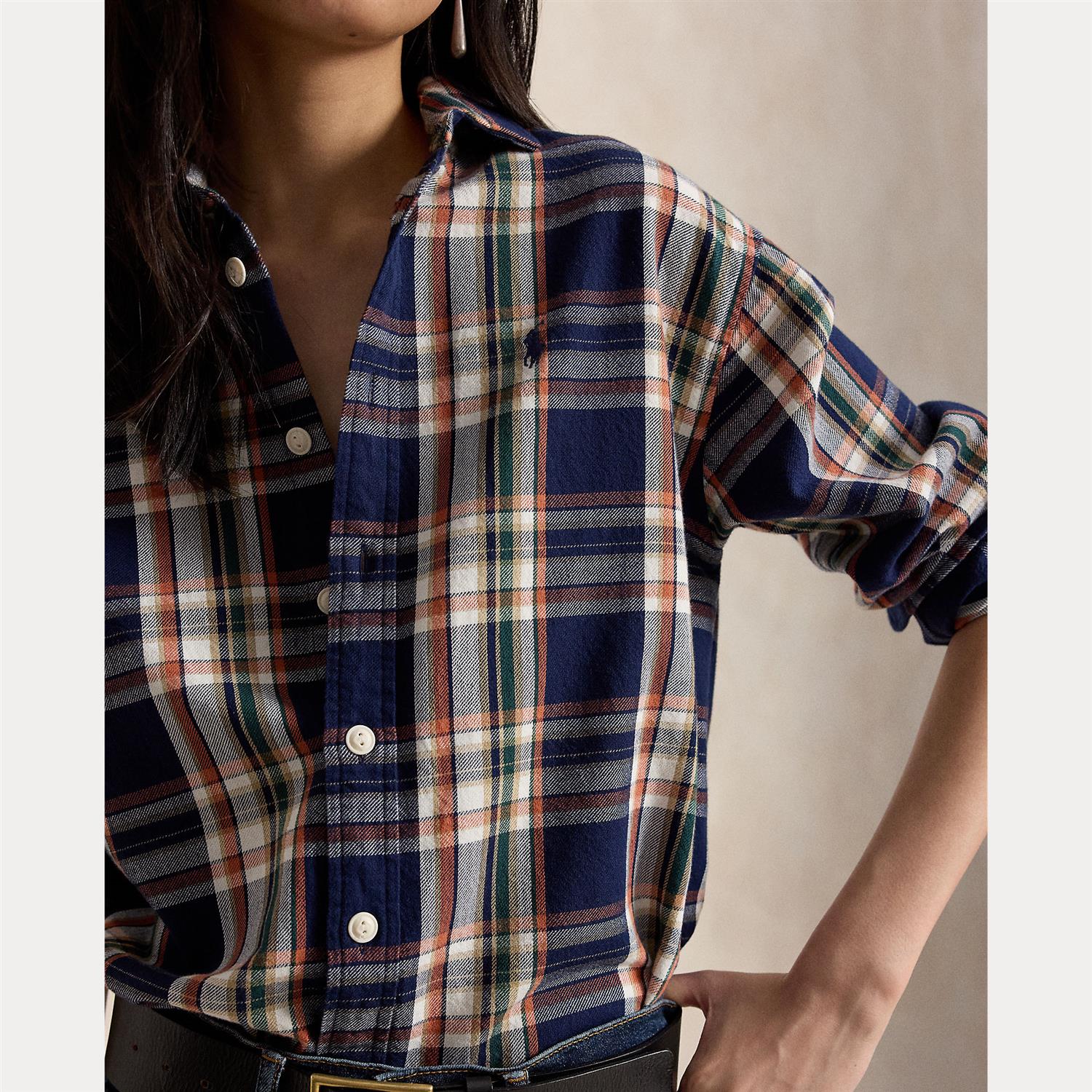Relaxed Fit Plaid Cotton Shirt – Navy/Orange Multi