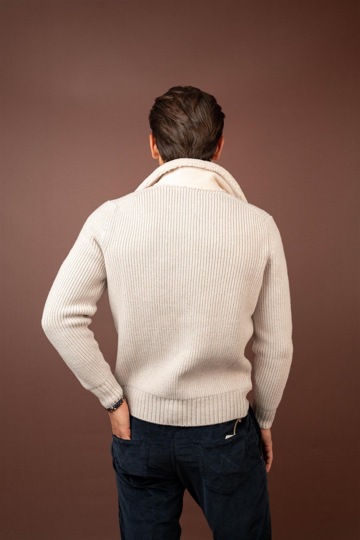 Full Zip Cardigan Sherpa Collar - Beige