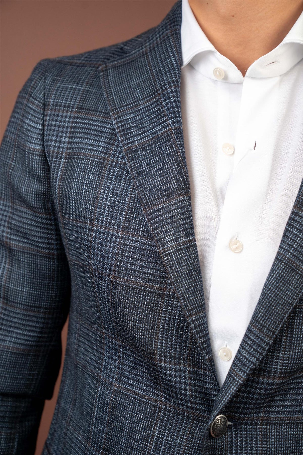Check Silk Blend Blazer - Navy