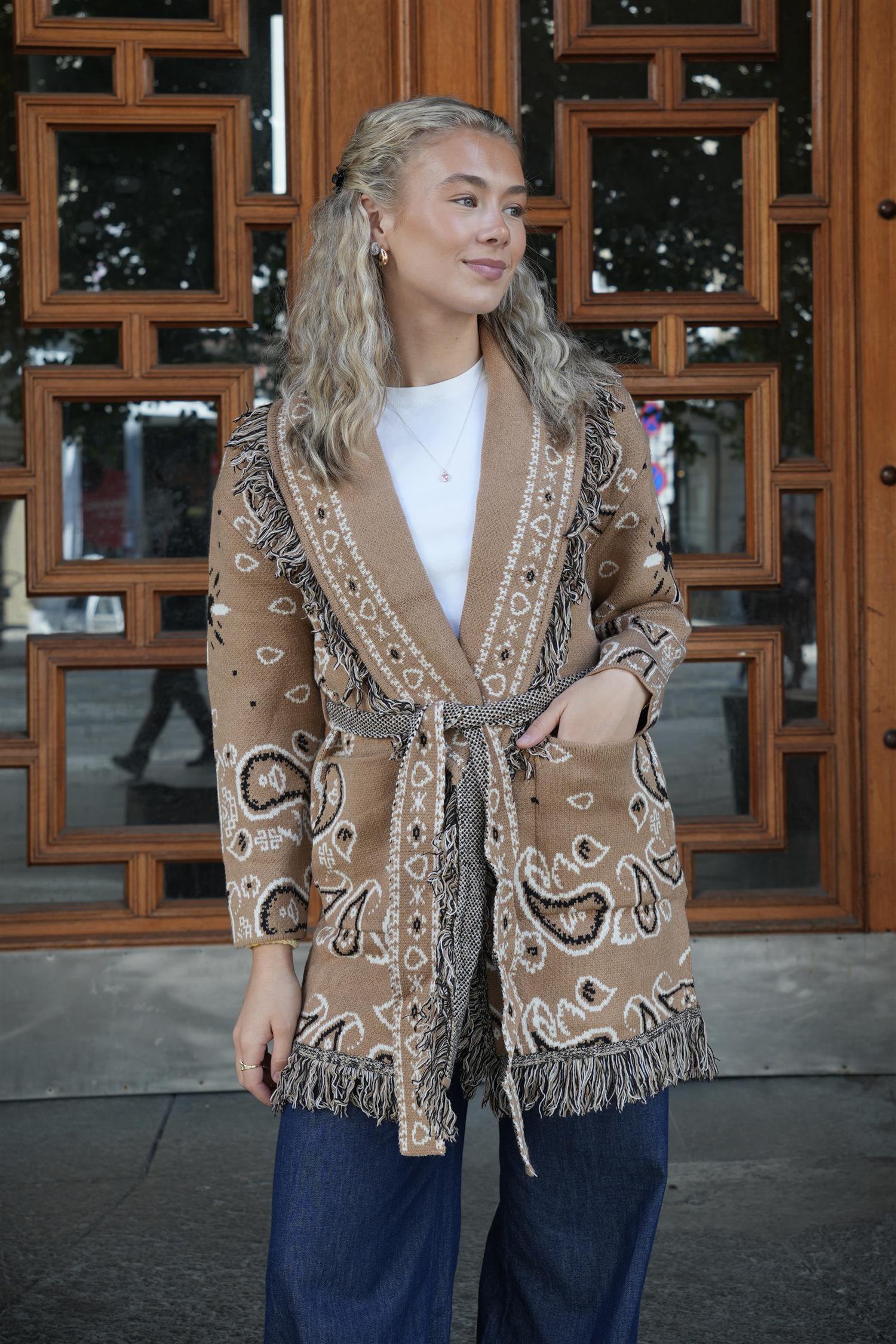 Long Fringed Paisley Jacket - Camel
