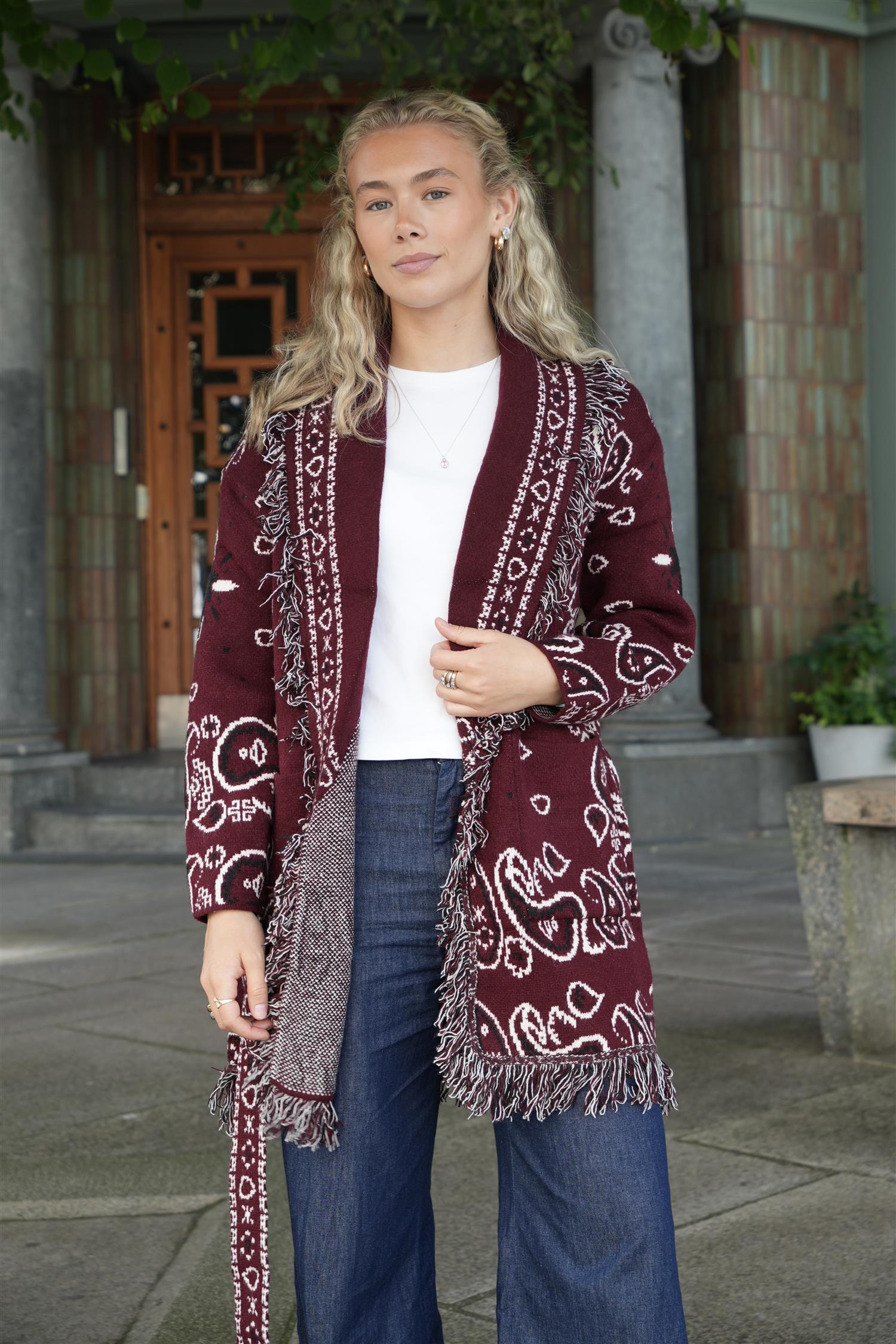 Long Fringed Paisley Jacket - Bordeaux