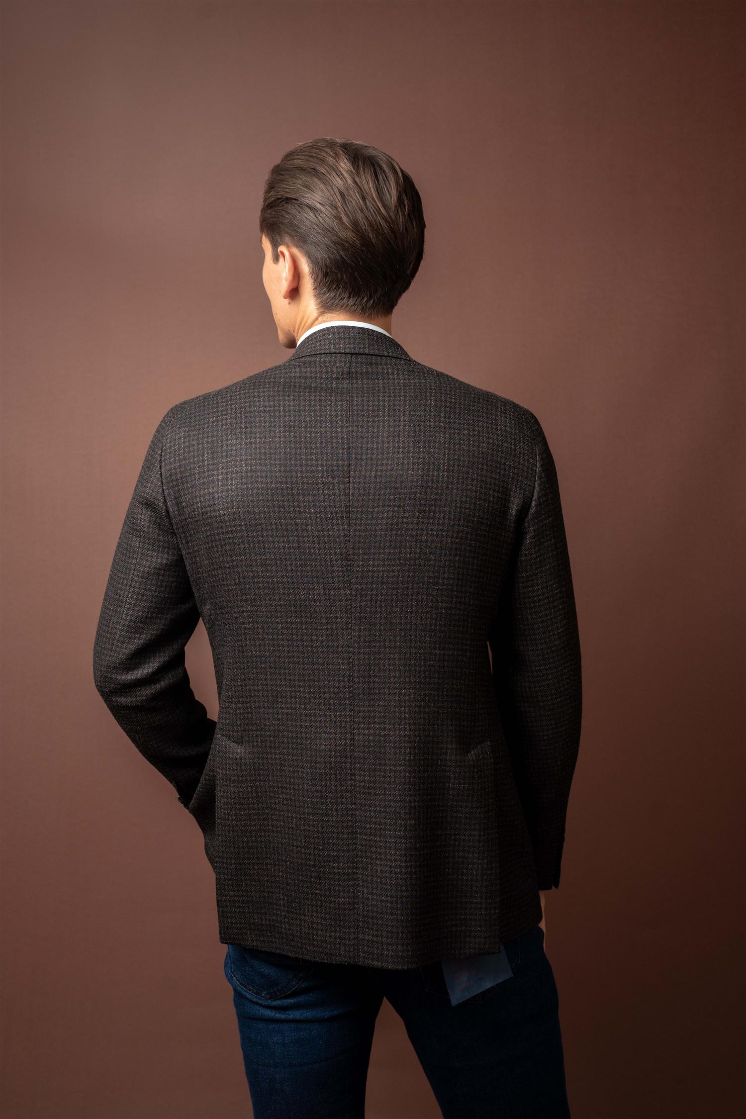 Check Silk Blend Blazer - Mørkebrun