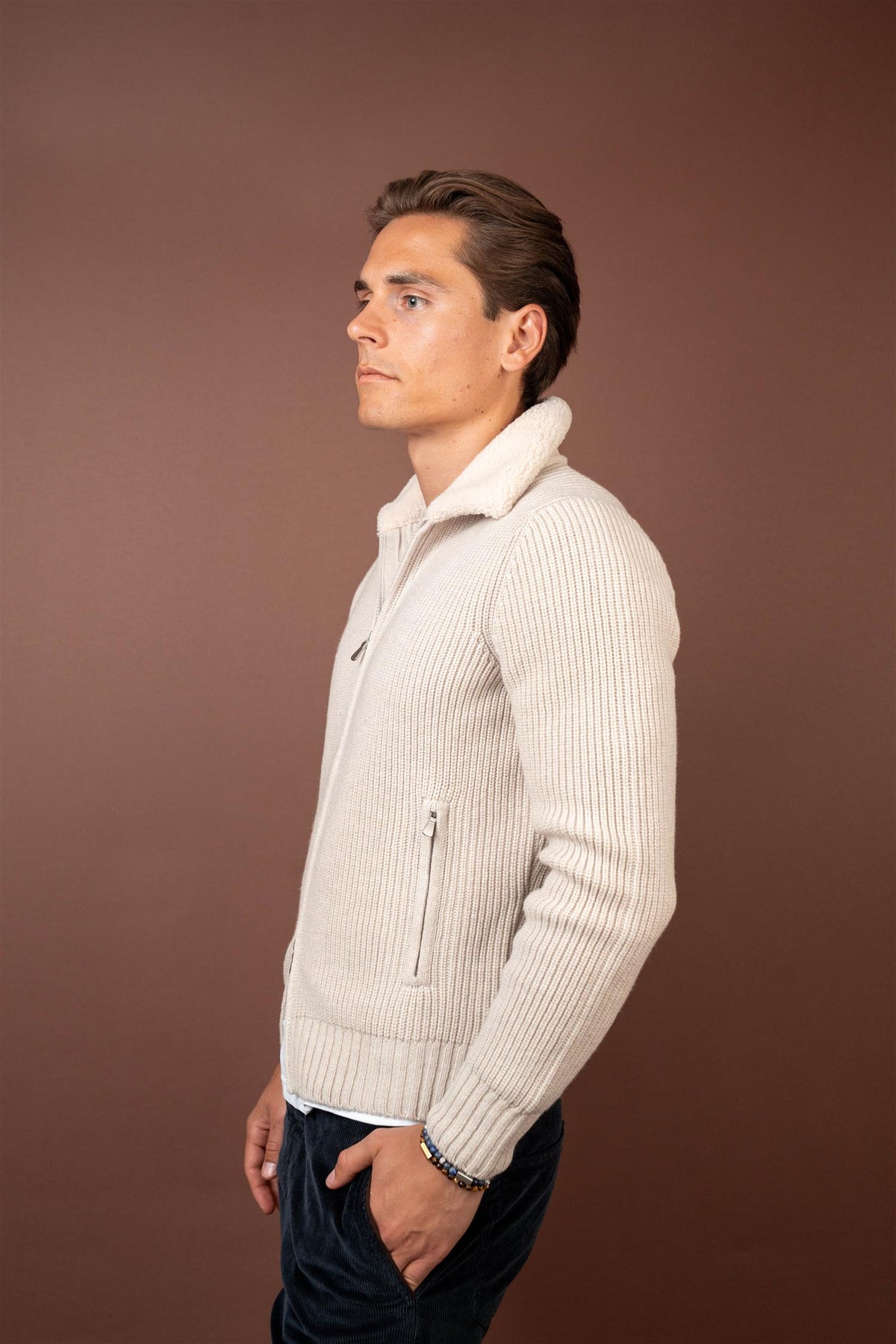 Full Zip Cardigan Sherpa Collar - Beige