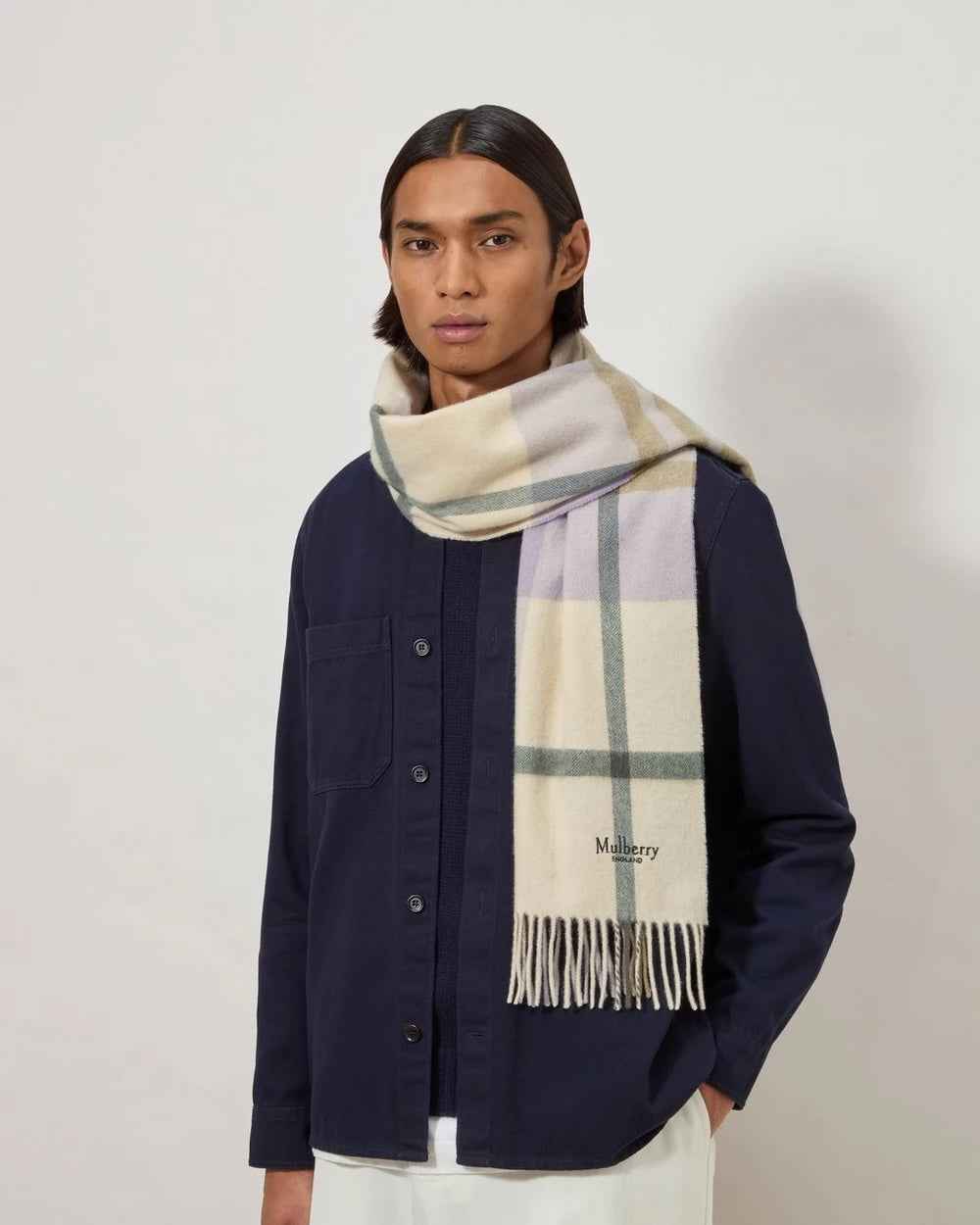 Small Check Merino Wool Scarf 30 x 200 Eggshell-Olive