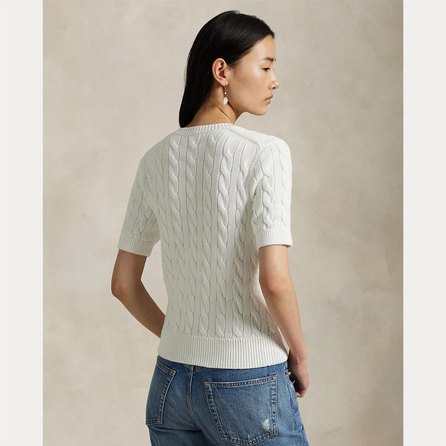 Cable-Knit Cotton Short-Sleeve Cardigan White