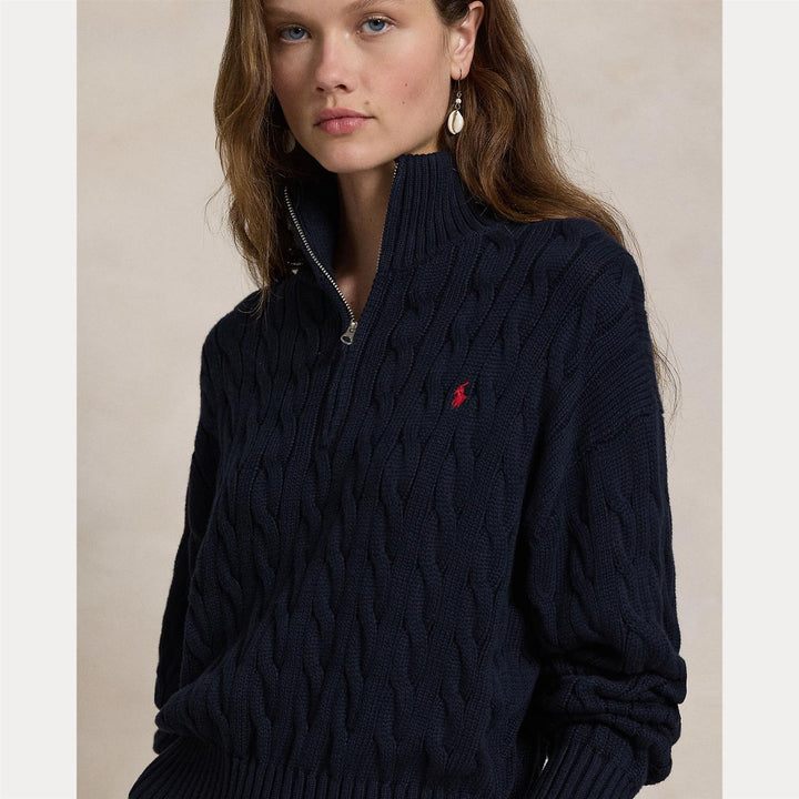 CABLE-KNIT COTTON QUARTER ZIP SWEATER