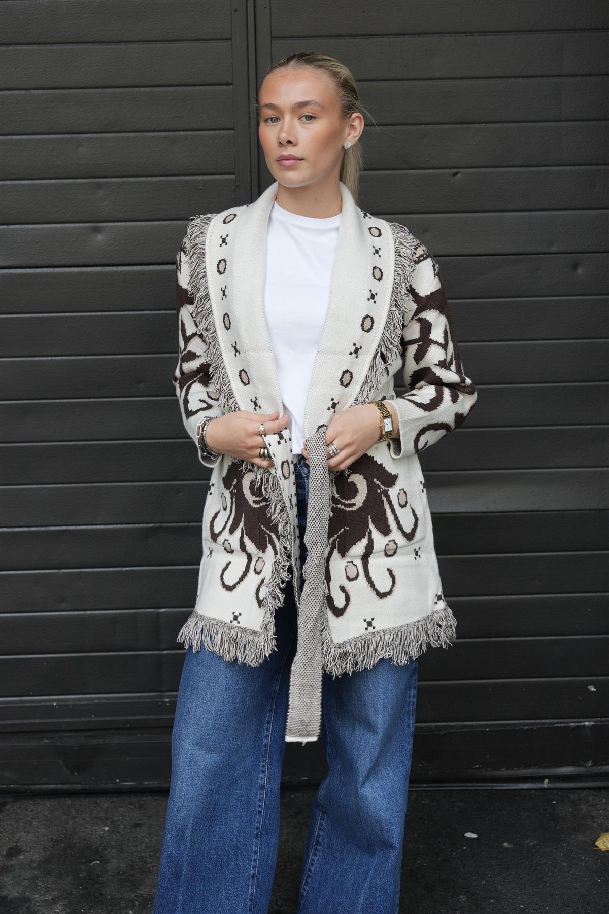 Long Fringed Jacket - Brown/White