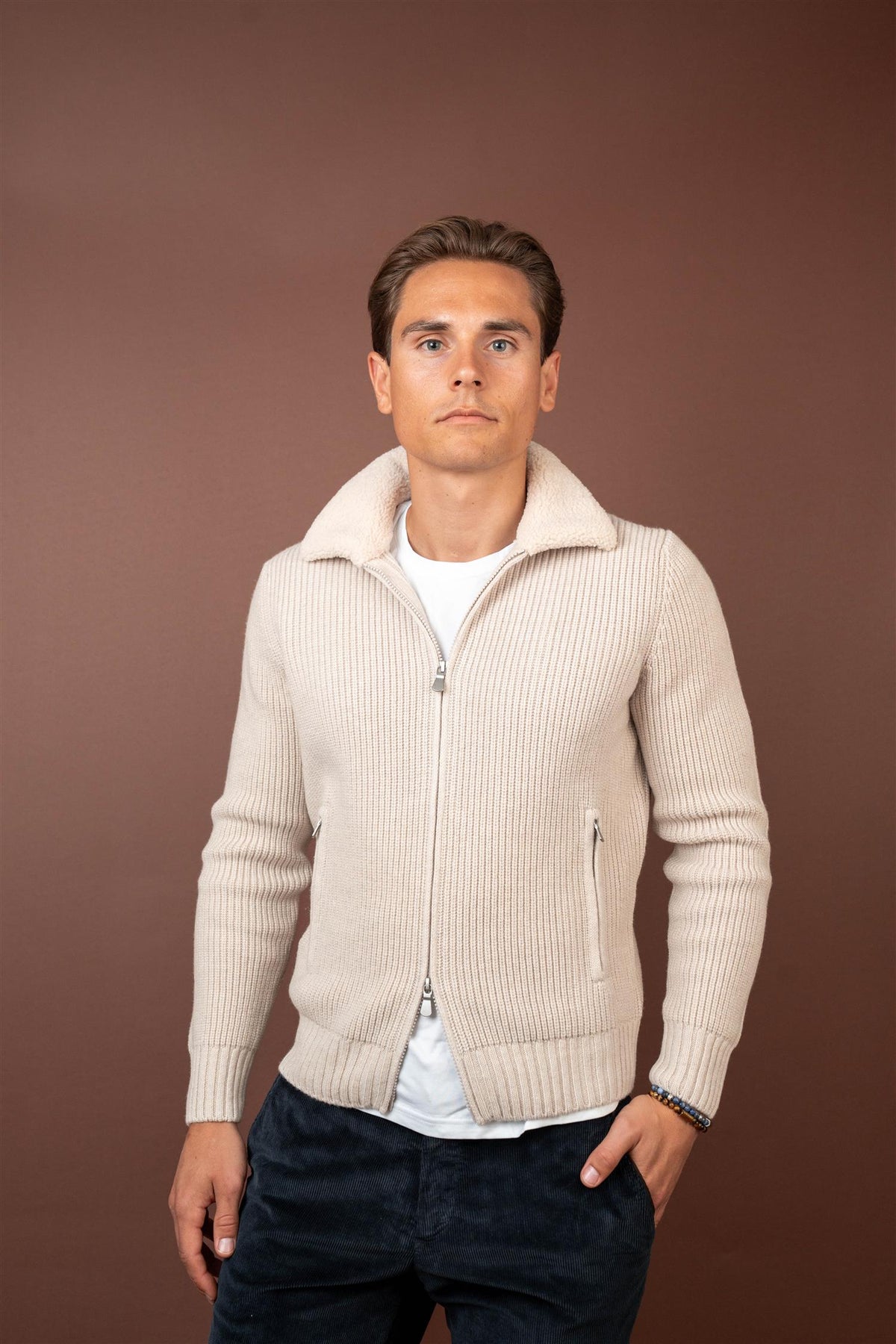 Full Zip Cardigan Sherpa Collar - Beige