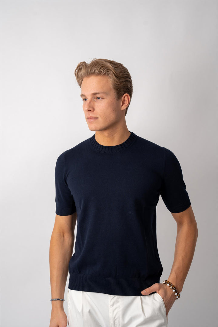 Knitted Cotton T-shirt - Navy